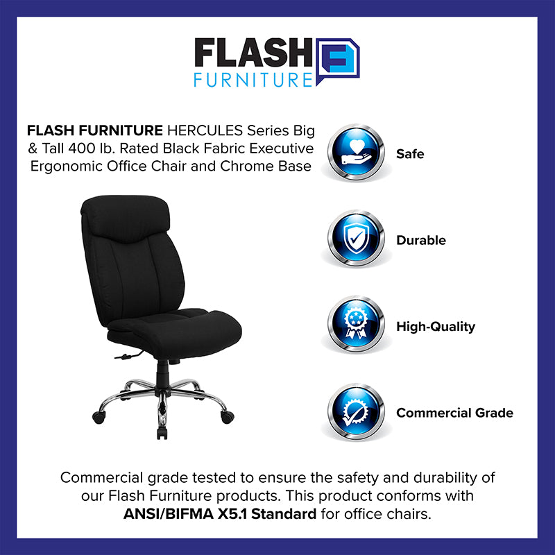 FLASH HERCULES Series Big & Tall 400 lb. Capacity Black Fabric Executive Ergonomic Office Chair with Chrome Base - Perfect for Home Office, Gaming, and Heavy-Duty Workspaces