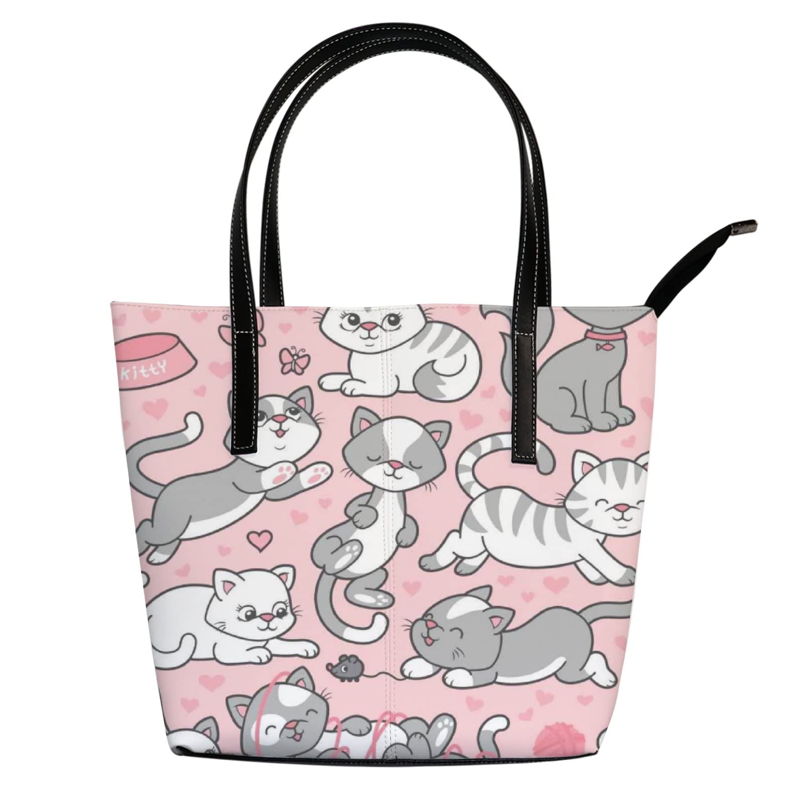 Stylish Pink Kawaii Cat Tote Bag for Women - Grey & White Leather Crossbody Handbag with Zipper | Perfect for Work, Travel & Everyday Use