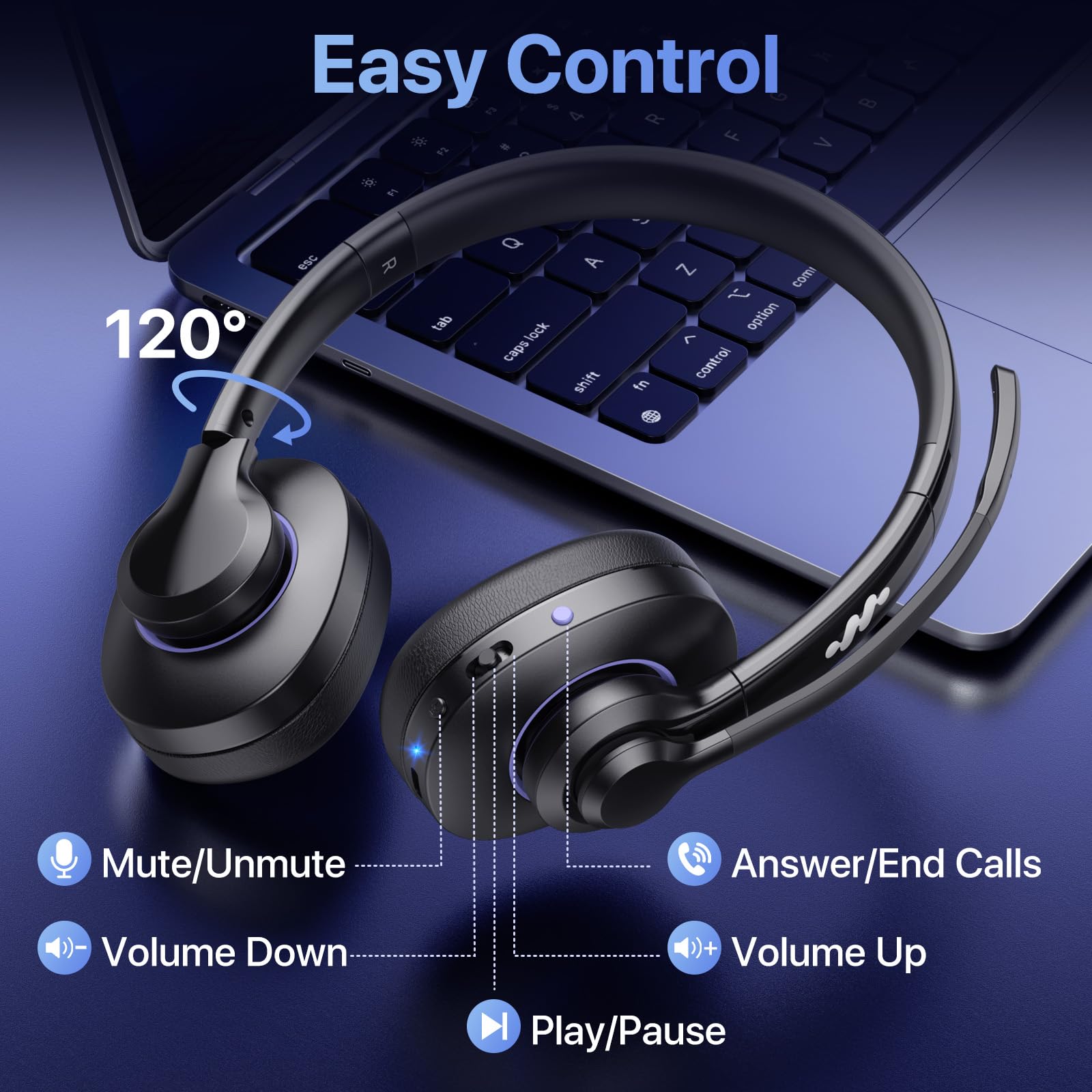 Necode Bluetooth Headset Wireless Headphones with Noise Cancelling Microphone & Mic Mute, 55Hrs Battery Life Bluetooth 5.3 Over-Ear Headset for Phone, Laptop, Computer - Perfect for Office, Gaming, and Online Meetings