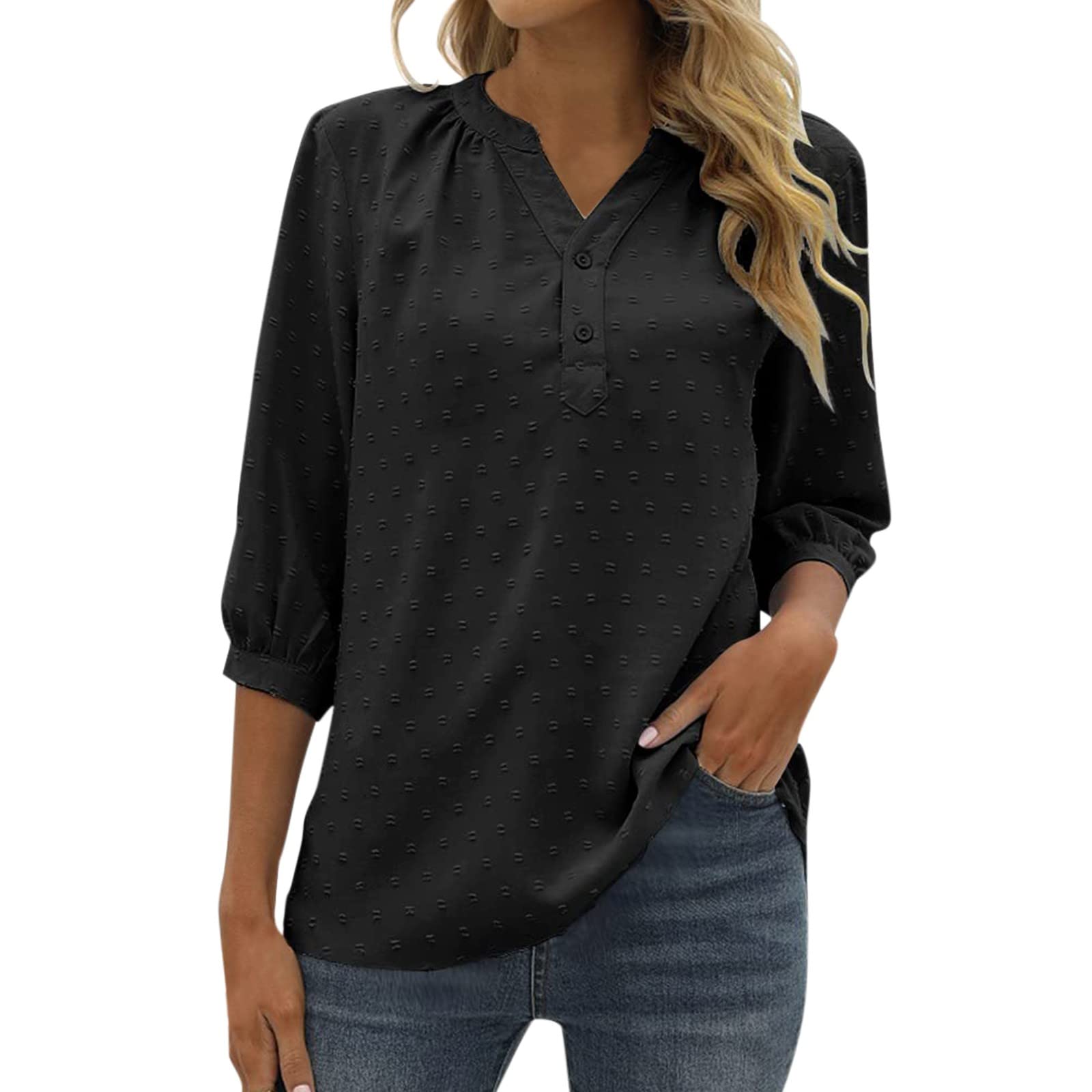 Women's Jacquard Pom Summer T-Shirt - Casual Half Sleeve Button V-Neck Tunic Top Blouse - Large White - Perfect for Beach Outings, Summer Parties & Casual Wear