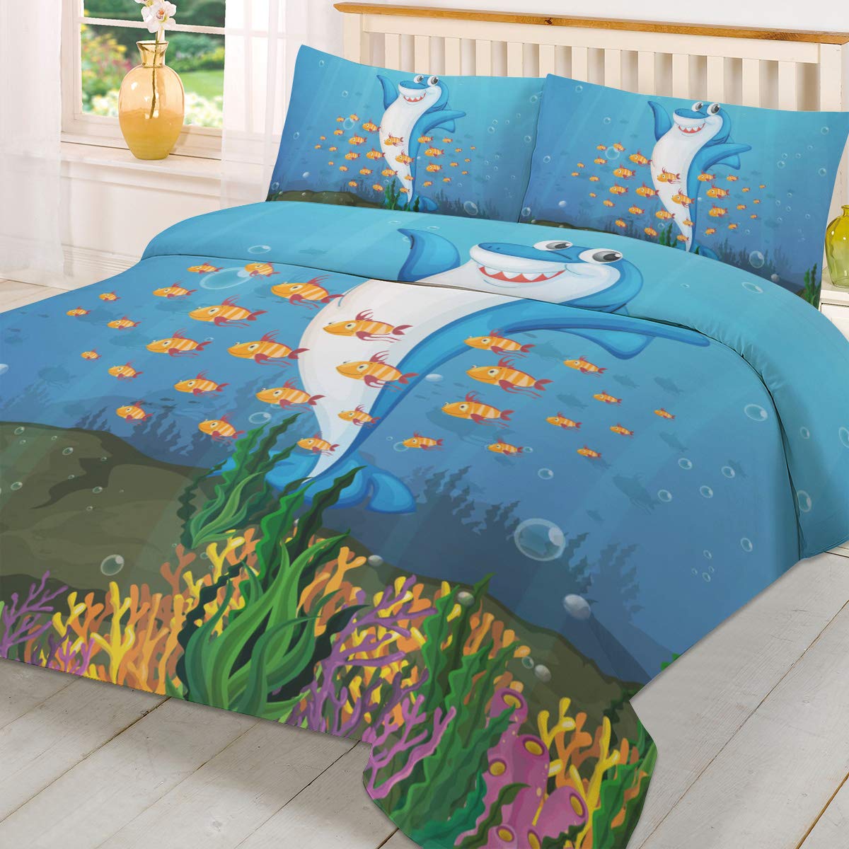 Premium 100% Washed Microfiber Duvet Cover Set - 3 Piece Luxury Soft Bedding Set | Ultra Soft All-Season Comforter Cover for Queen Size Bed | Ocean Theme with Playful Dancing Sharks & Fish Design | Perfect for Home, Hotel, Beach House & Kids' Bedroom Decor