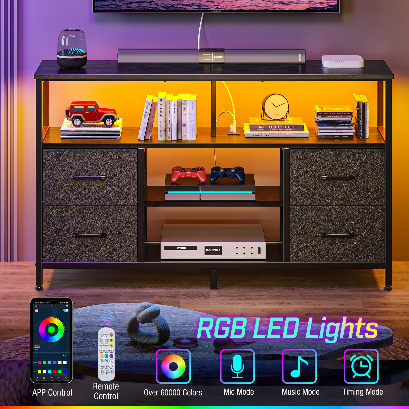 Rolanstar TV Stand with Power Outlets, LED Lights & Storage for 32-65