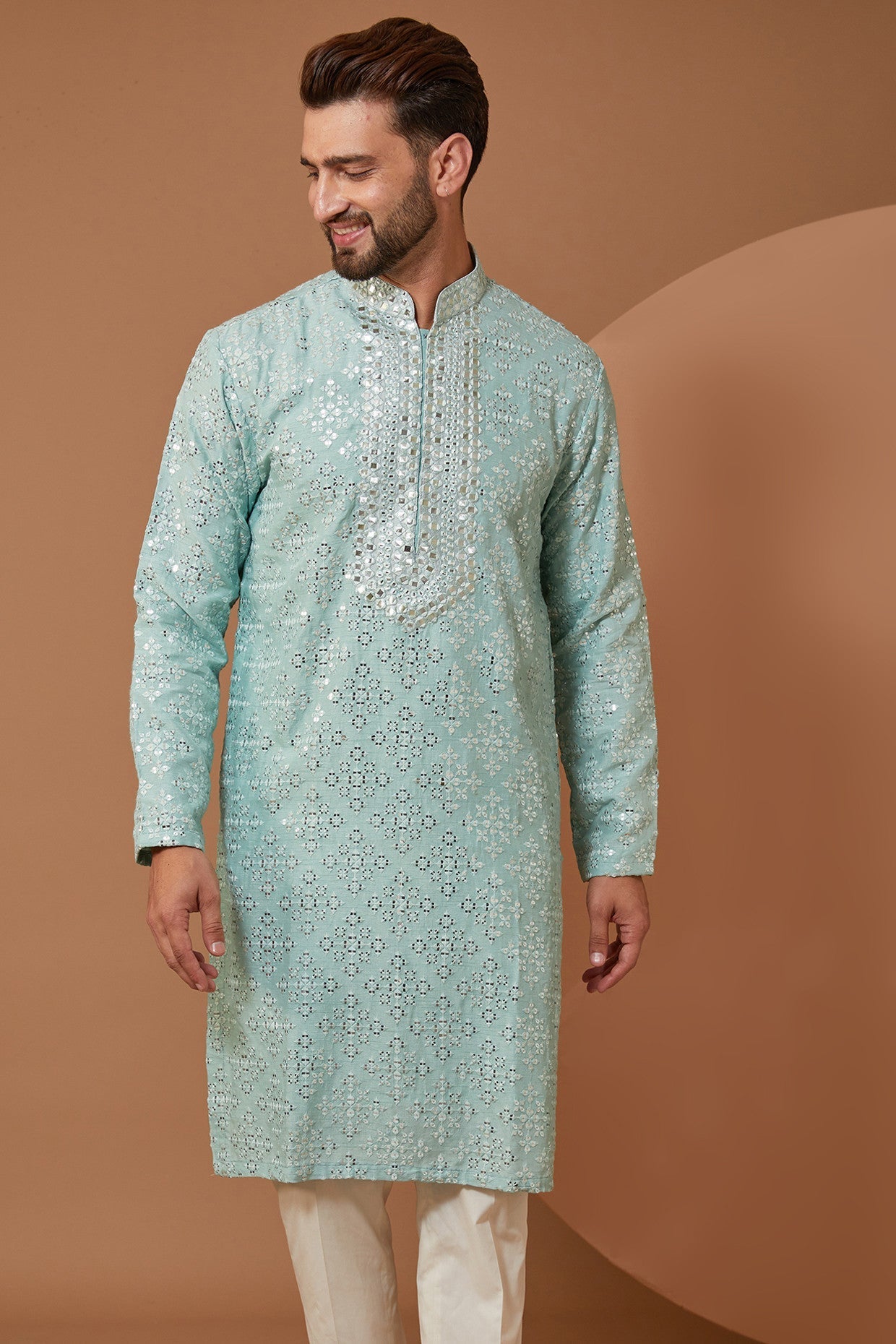 Stylish Ice Blue Mirrorwork Kurta for Women - Traditional Indian Embroidered Tunic Top - Perfect for Festivals, Weddings & Ethnic Parties