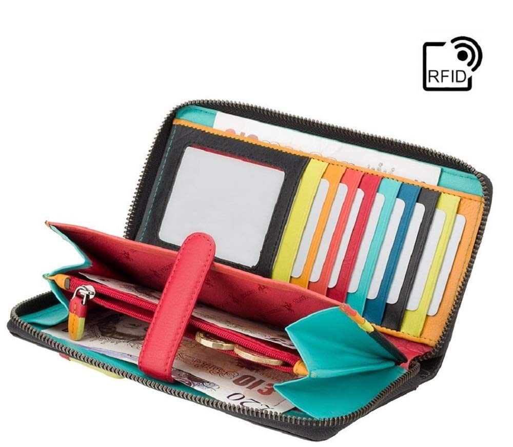 Premium Visconti Santorini Women's Luxury Leather RFID Blocking Cash Coin Card Wallet - Black Multi Corfu Large - Perfect for Travel, Shopping & Everyday Use