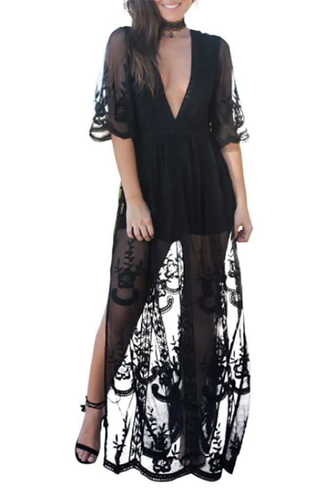 Women's Floral Embroidery Lace V-Neck Short Sleeve Maxi Dress - Elegant Casual Cocktail Party & Wedding Guest Dress for Summer Events, Beach Vacations & Special Occasions