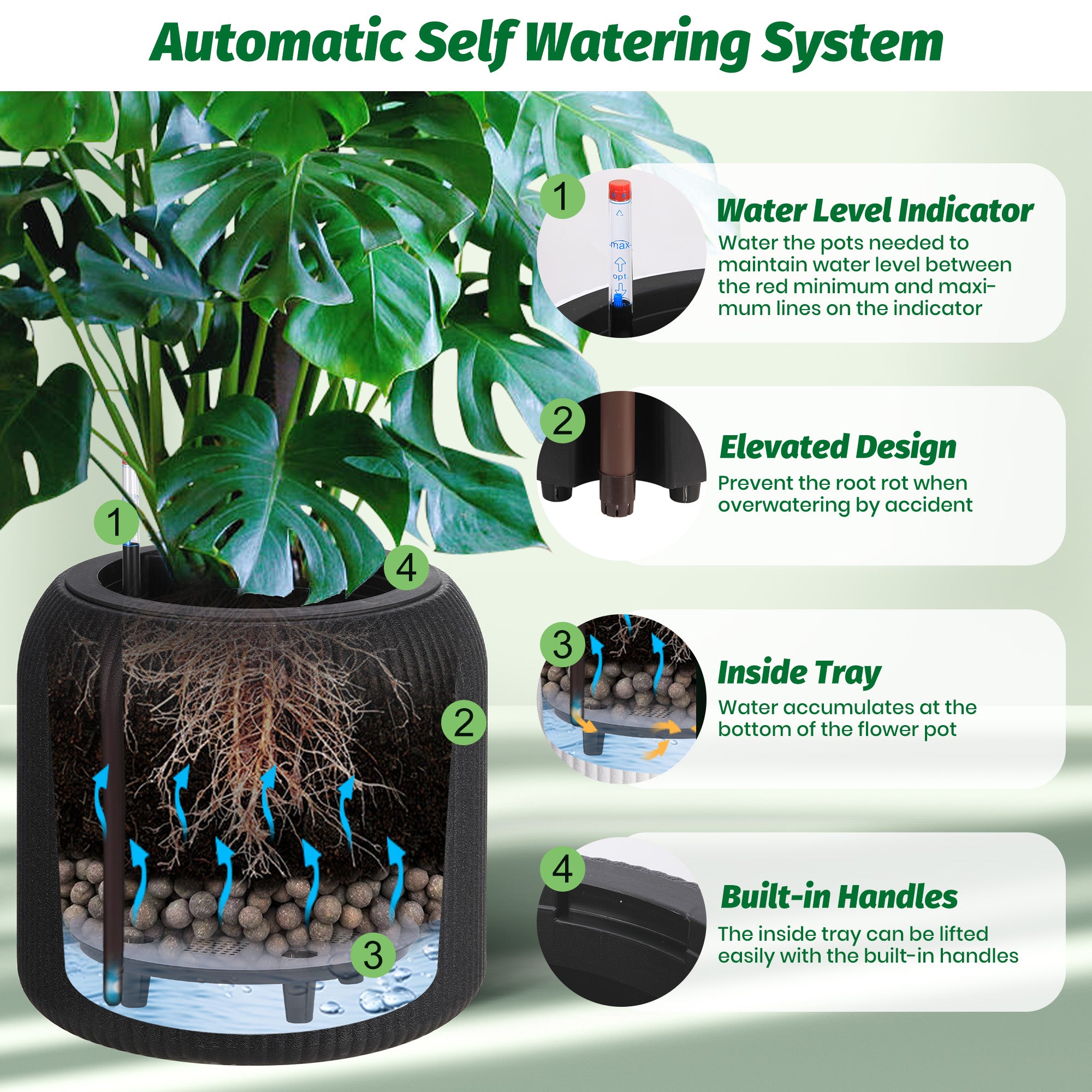 GARVEE 14 Inch Self Watering Planters Set of 2 - Round Flower Pots with Water Level Indicator & Drainage Trays - Indoor Outdoor Use for Living Room, Bedroom, Office, Patio, Porch, Garden Decor