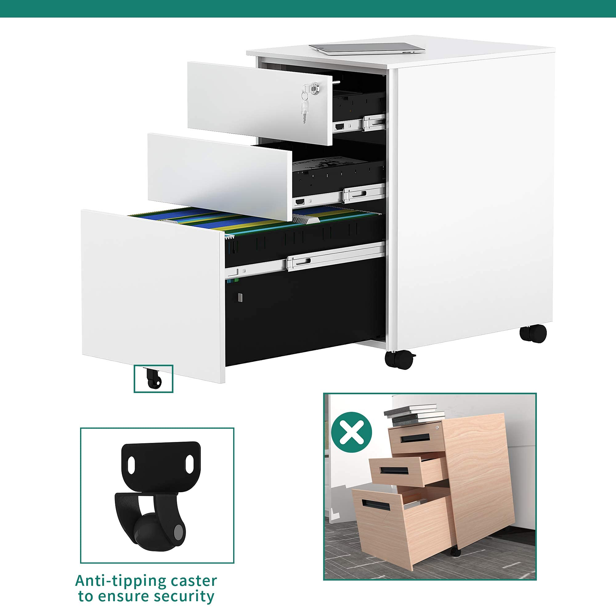 YITAHOME 3-Drawer Metal Filing Cabinet with Lock & Wheels - Portable Office Storage Cabinet for A4/Letter/Legal Files - Black/White - Ideal for Home Office, School & Business Organization