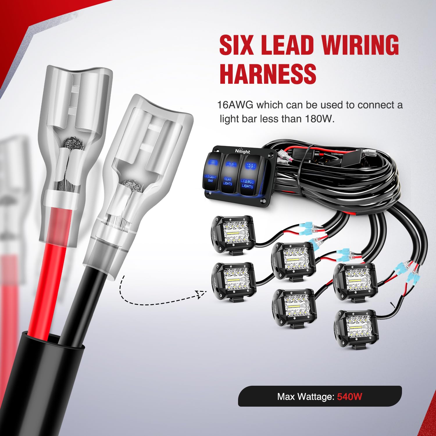 16AWG LED Light Bar Wiring Harness Kit with 3 Gang Rocker Switch, 9 Fuses & 12 Spade Connectors for Off-Road Vehicles, Trucks, ATVs & Boats - Waterproof & Durable Installation