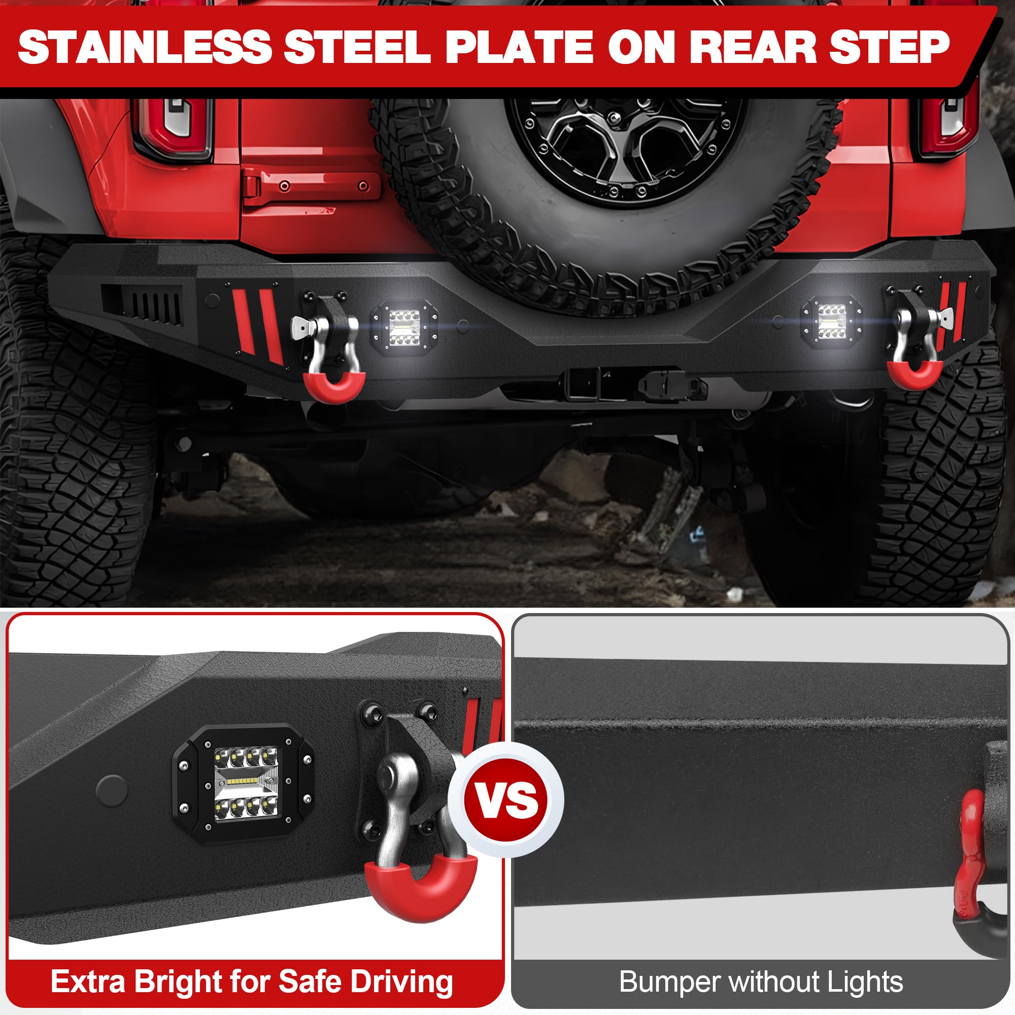 Heavy Duty Textured Black Rear Bumper with Step Plate & D-Rings for 2021-2024 Ford Bronco (Excluding Sport/Raptor) | Off-Road Truck Accessory for Adventure & Towing