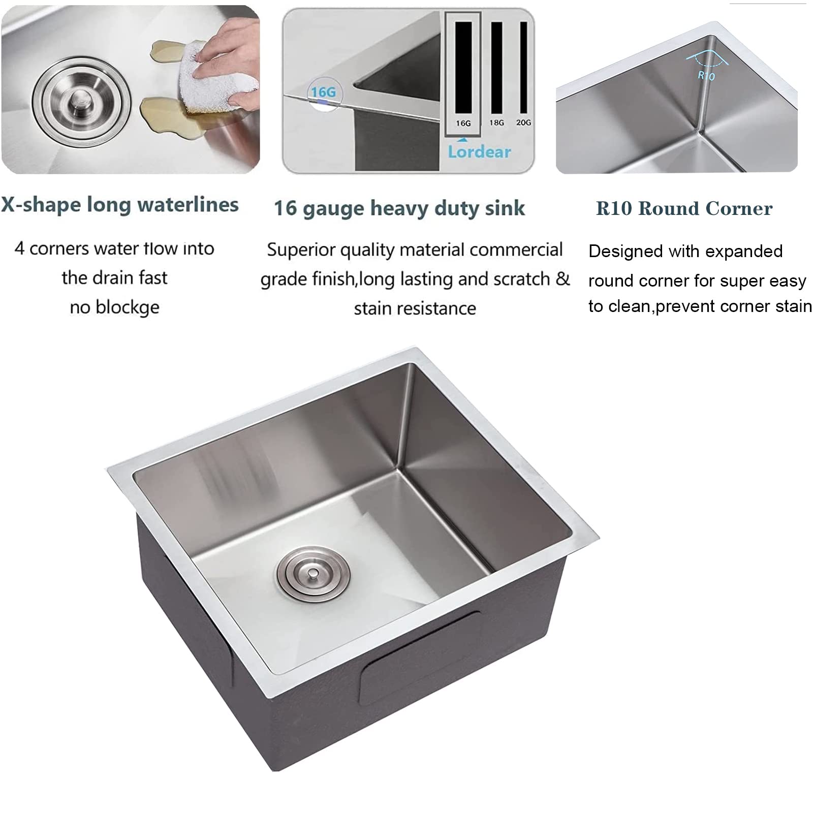 Lordear 17-Inch Undermount Bar Sink - 16 Gauge Stainless Steel Single Bowl Kitchen Sink for RV, Camper & Outdoor Use - Square Under Counter Prep Sink for Bars, Restaurants & Home Kitchens