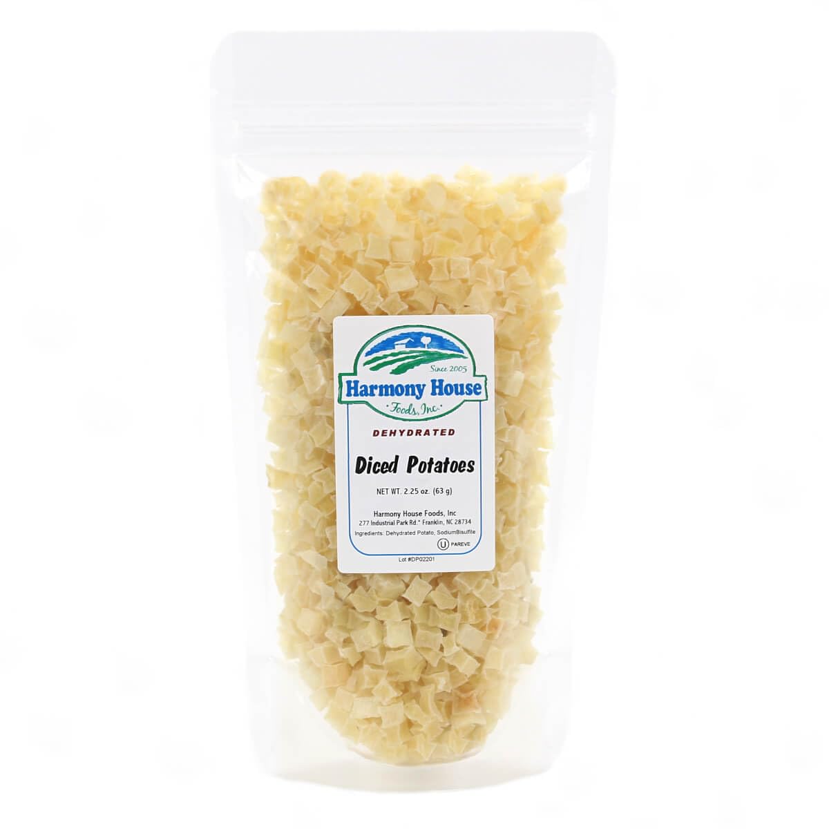 Harmony House Foods Dehydrated Diced Potatoes - Premium Dried Potato Pieces for Hash Browns, Stews, Soups & Home Fries | Quick Meals, Camping & Emergency Food Storage | 2.25 oz Resealable Bag
