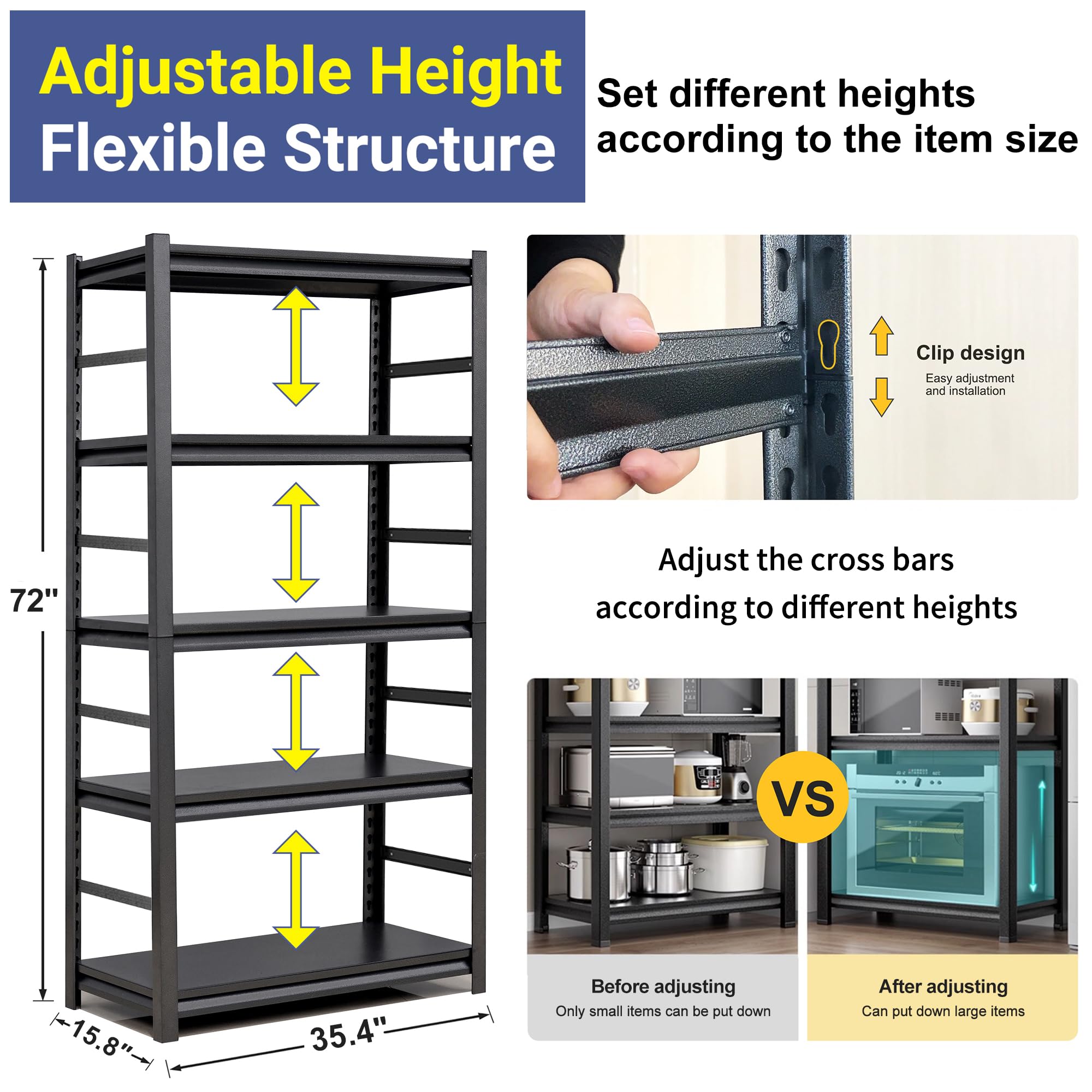 Heavy Duty 5-Tier Metal Storage Shelf - Adjustable Garage Shelves for Kitchen, Warehouse & Basement - 2500LBS Capacity, 72
