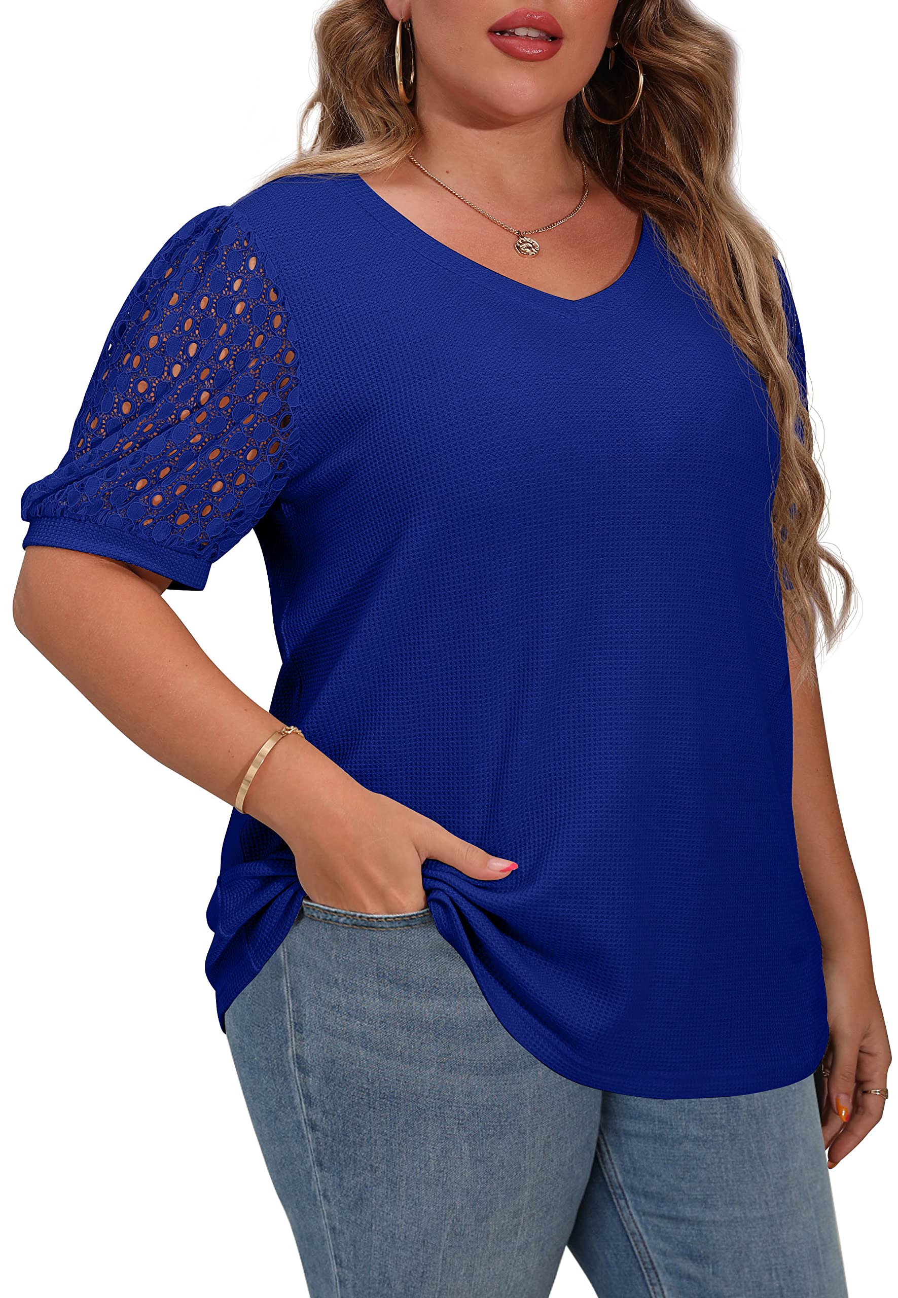 OLRIK Women's Plus Size Summer Blouse - Waffle Knit Short Sleeve Top with Lace Detail | Casual Wear, Office Outfits & Summer Vacation Clothing