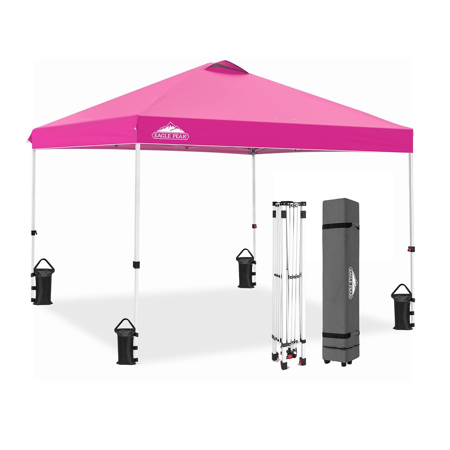 EAGLE PEAK 10x10 ft Pop Up Canopy Tent with Wheeled Carry Bag - Portable Instant Shelter for Outdoor Events, Beach, Camping & Backyard - Includes 8 Stakes, 4 Ropes & 4 Weight Bags - Easy Setup Pink Shade Canopy (100 sq ft Coverage)
