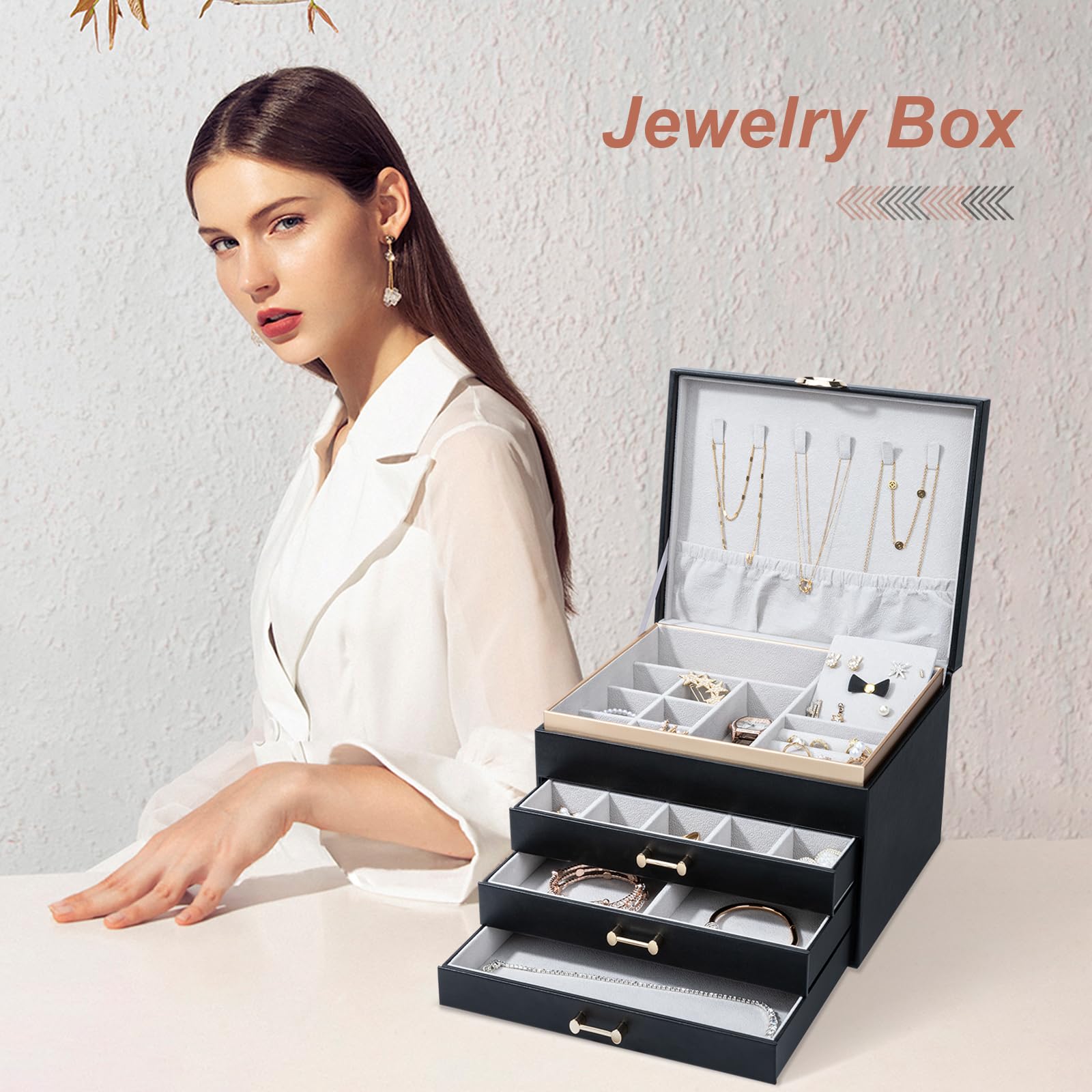 4-Layer Large Jewelry Organizer Box for Women with 3 Drawers - Modern Storage Case for Earrings, Rings, Bracelets & Necklaces (Black) | Perfect for Bedroom Vanity, Travel & Gift Giving