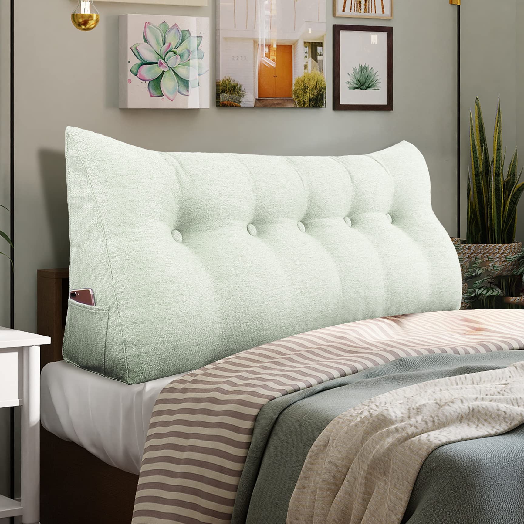 WOWMAX Full Size Headboard Pillow - Multifunctional Upholstered Bed Headboard with No Assembly Required, Portable Dorm Room Decor in Grey-Beige | Perfect for College Dorms, Studio Apartments & Guest Rooms