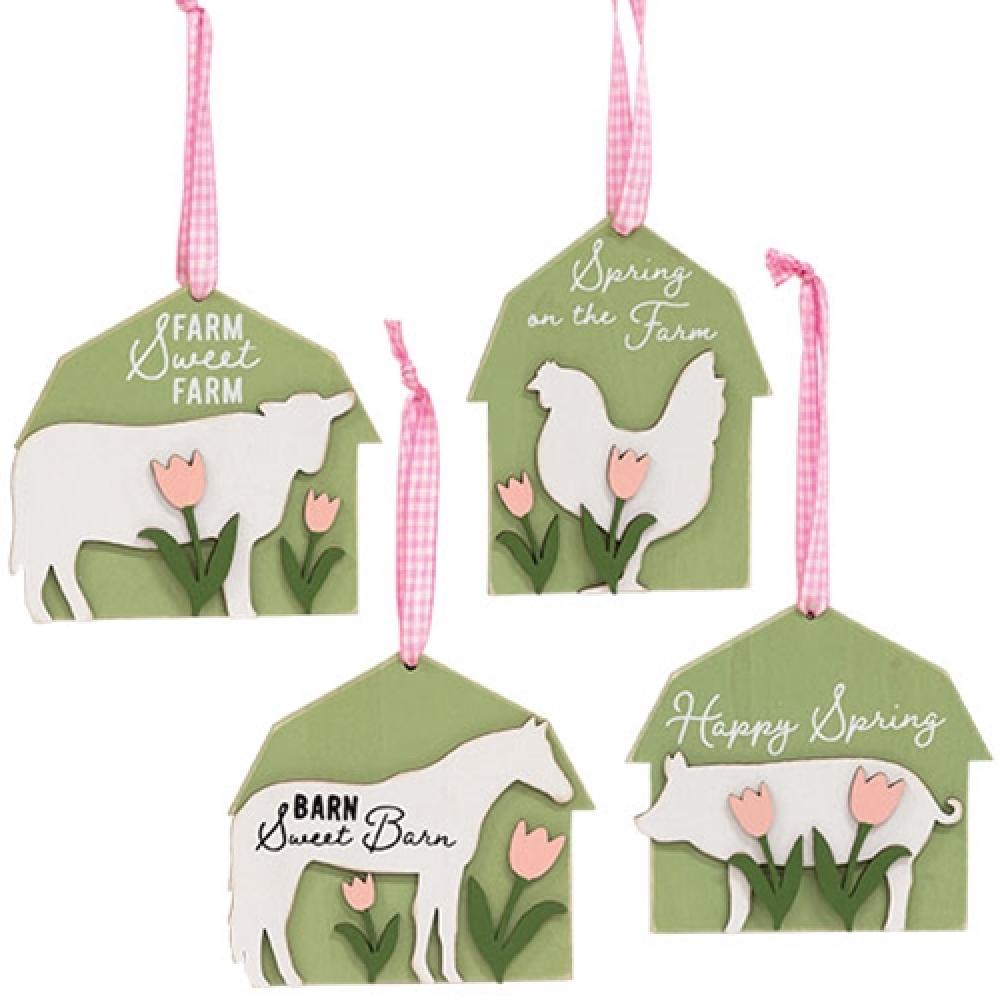 Spring Barn Animal & Tulip Layered Ornament Set of 4 - Farmhouse Home Decor for Easter, Spring Season & Garden Party Decorations