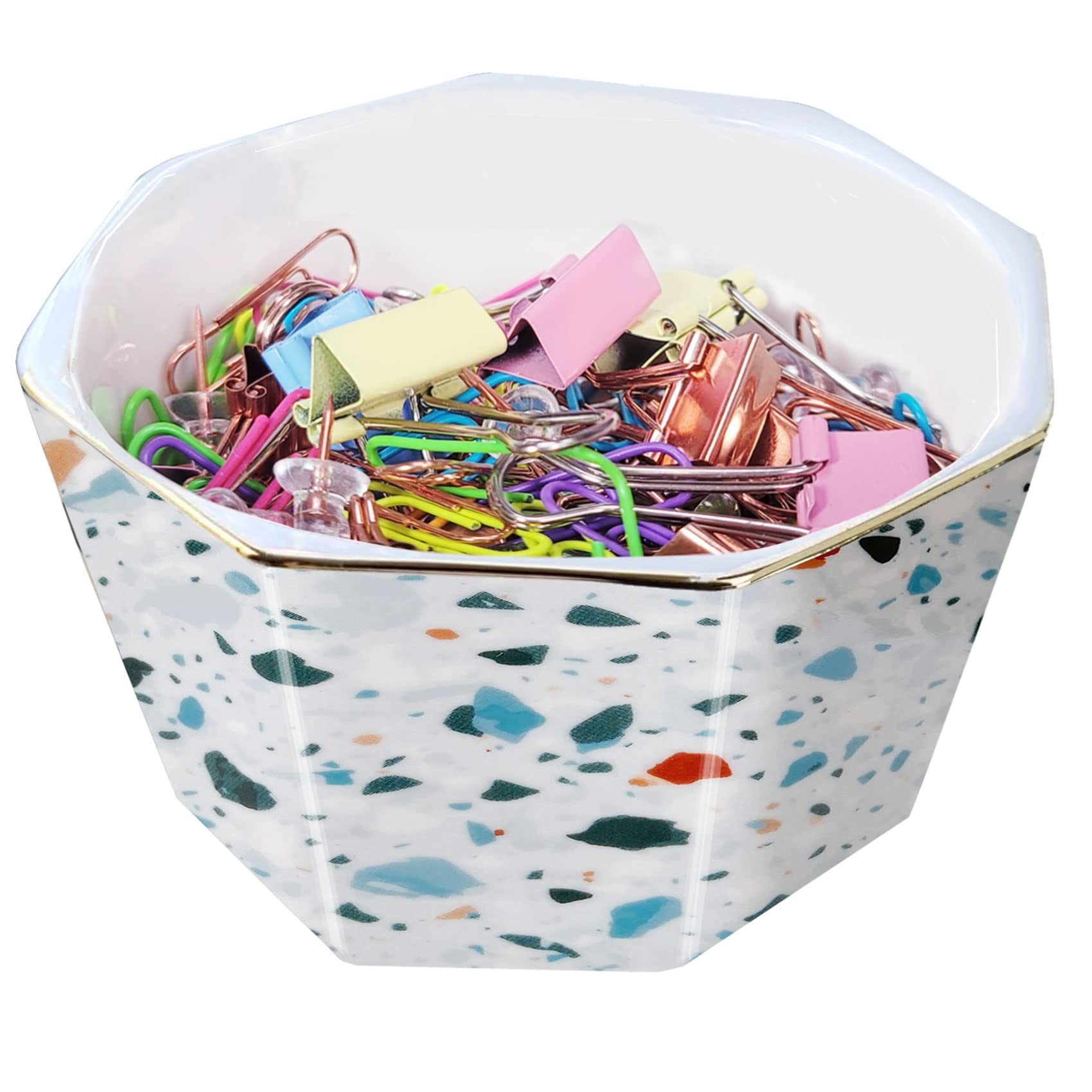 Ceramic Gold Geometric Terrazzo Marble Paper Clip Holder - Stylish Desk Organizer for Office Supplies, Binder Clips & Stationery - Perfect Gift for Coworkers & Home Office Decor (Blue)