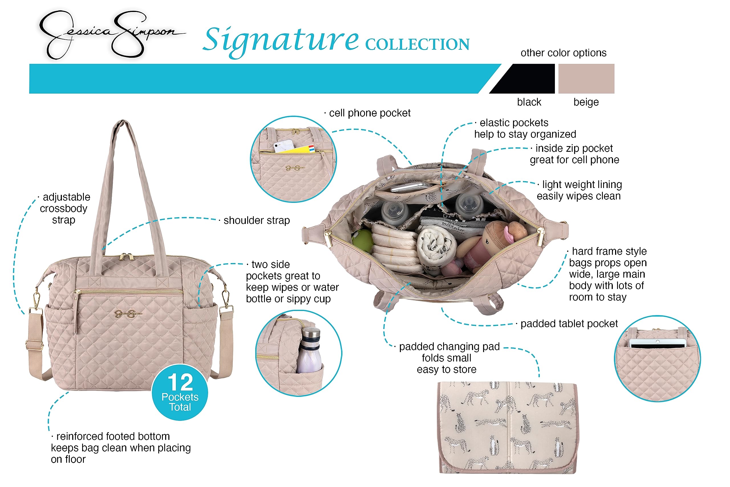 Jessica Simpson Quilted Crossbody Diaper Bag & Tote Purse Set for Baby Girls & Boys - Includes Changing Pad & Insulated Compartment | Perfect for Travel, Shopping & On-the-Go Parenting