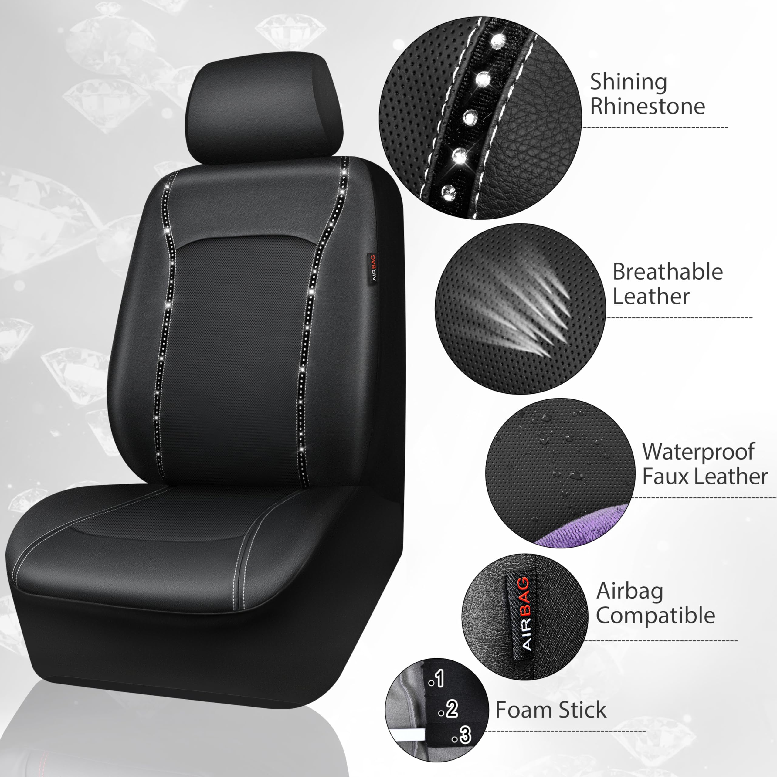 Bling Car Accessories Set for Women - 14 PCS Leather Seat Covers & Rhinestone Steering Wheel Cover | Luxury Car Interior Decor