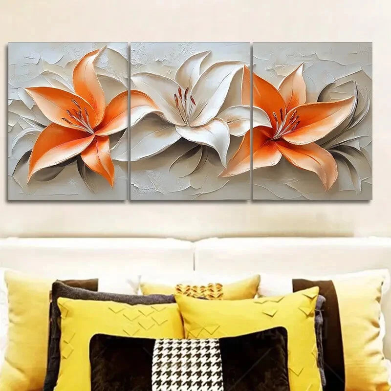3-Piece Orange Lily Oil Painting Metal Prints - Ready to Hang Wall Art for Living Room, Bedroom & Office Decor