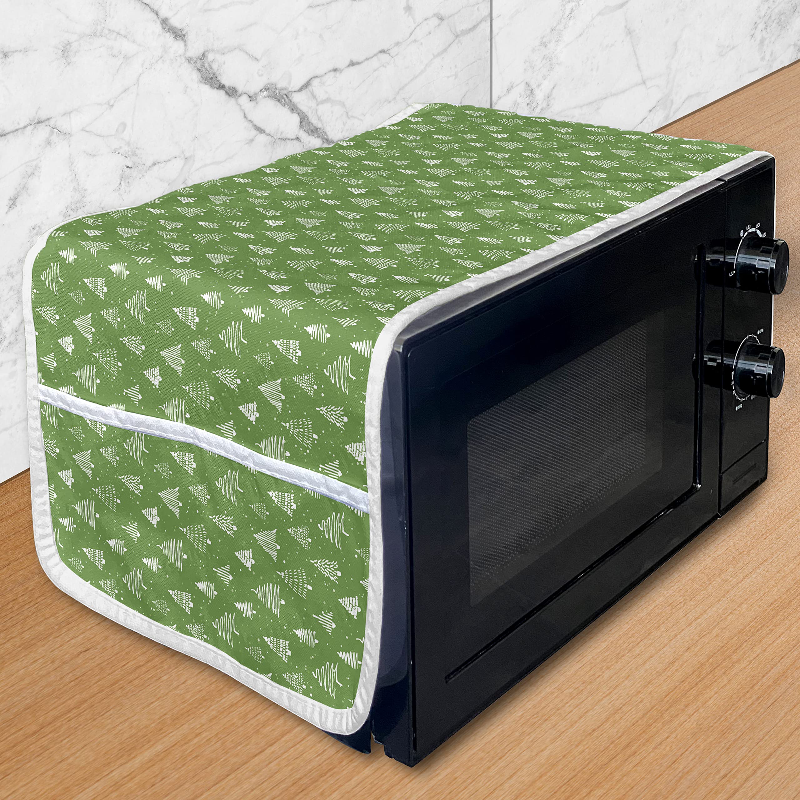 Ambesonne Green Christmas Microwave Cover - Hand Painted Abstract Snowy Pine Trees Design, Waterproof Kitchen Organizer with Pockets, 36 x 12 Inches, White - Perfect for Holiday Decor & Microwave Protection