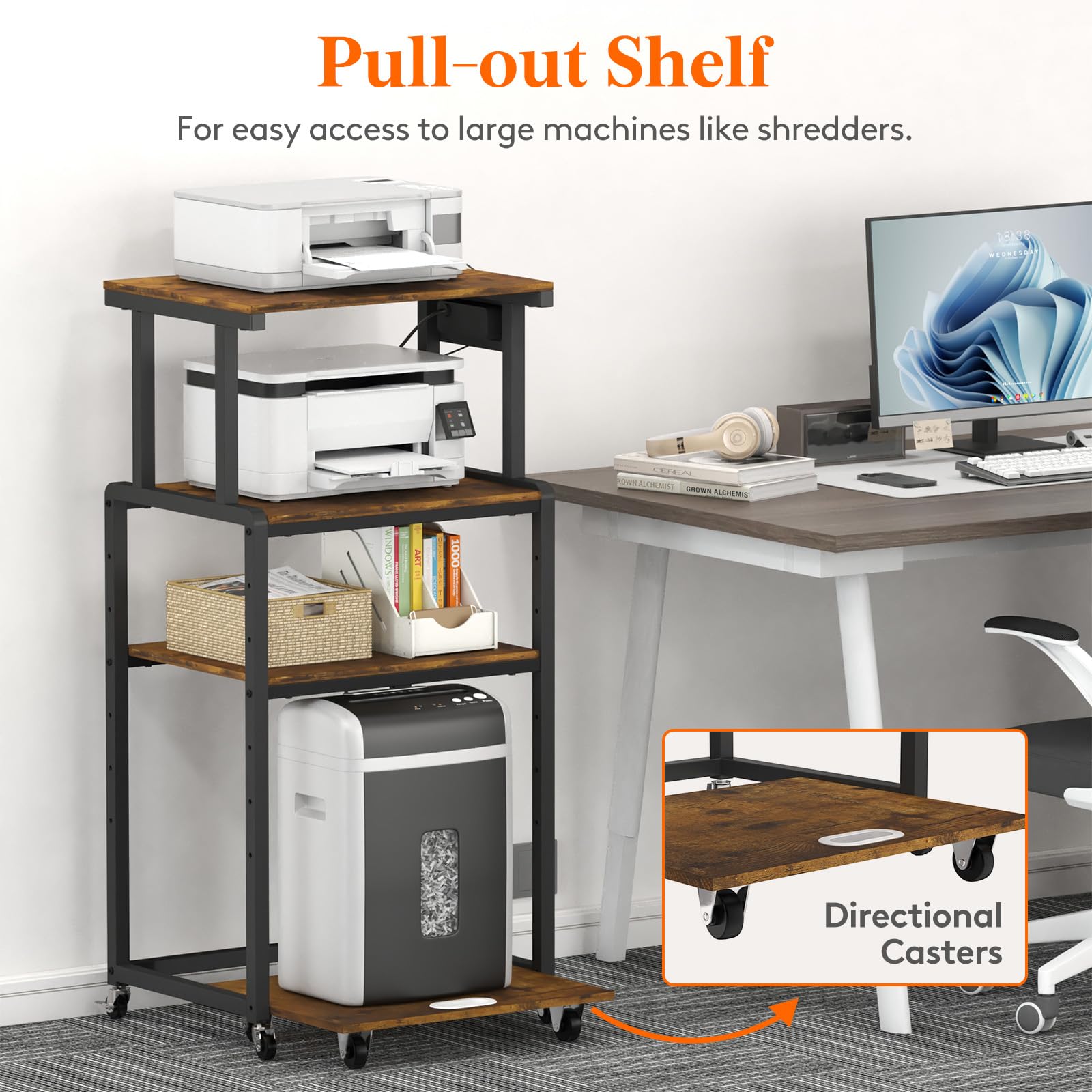 Lifewit 4-Tier Rolling Printer Stand with 3 Power Outlets, Adjustable Storage Shelf & Wheels - Mobile Office Organizer for Printer, Scanner, Fax Machine, Shredder - Rustic Brown Home Office Furniture for Small Spaces & Workspaces