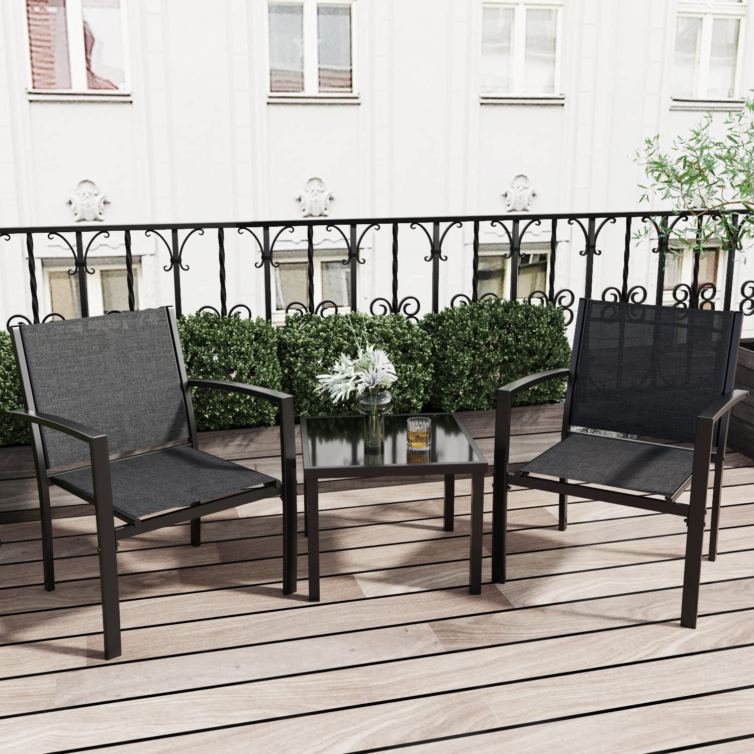 Greesum 3-Piece Outdoor Patio Furniture Set with Textilene Fabric Chairs & Glass Coffee Table - Perfect for Lawn, Garden, Balcony, Poolside Relaxation and Entertaining