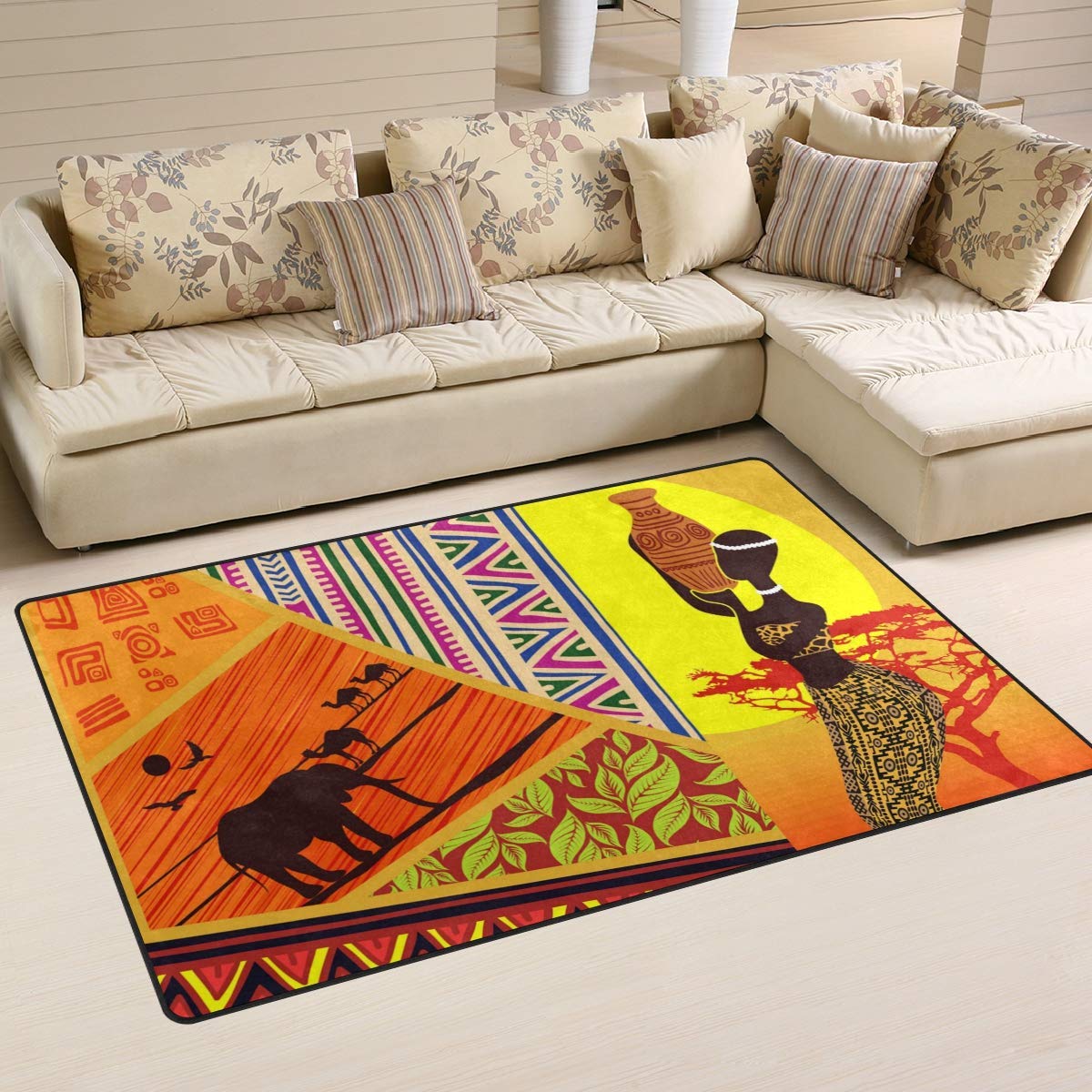African Tribal Ethnic Area Rug with Animal Print - Soft Washable Non-Slip Carpet 6.6x5.3ft for Living Room, Bedroom, Kitchen - Perfect for Boho Decor & Cozy Home Office Flooring