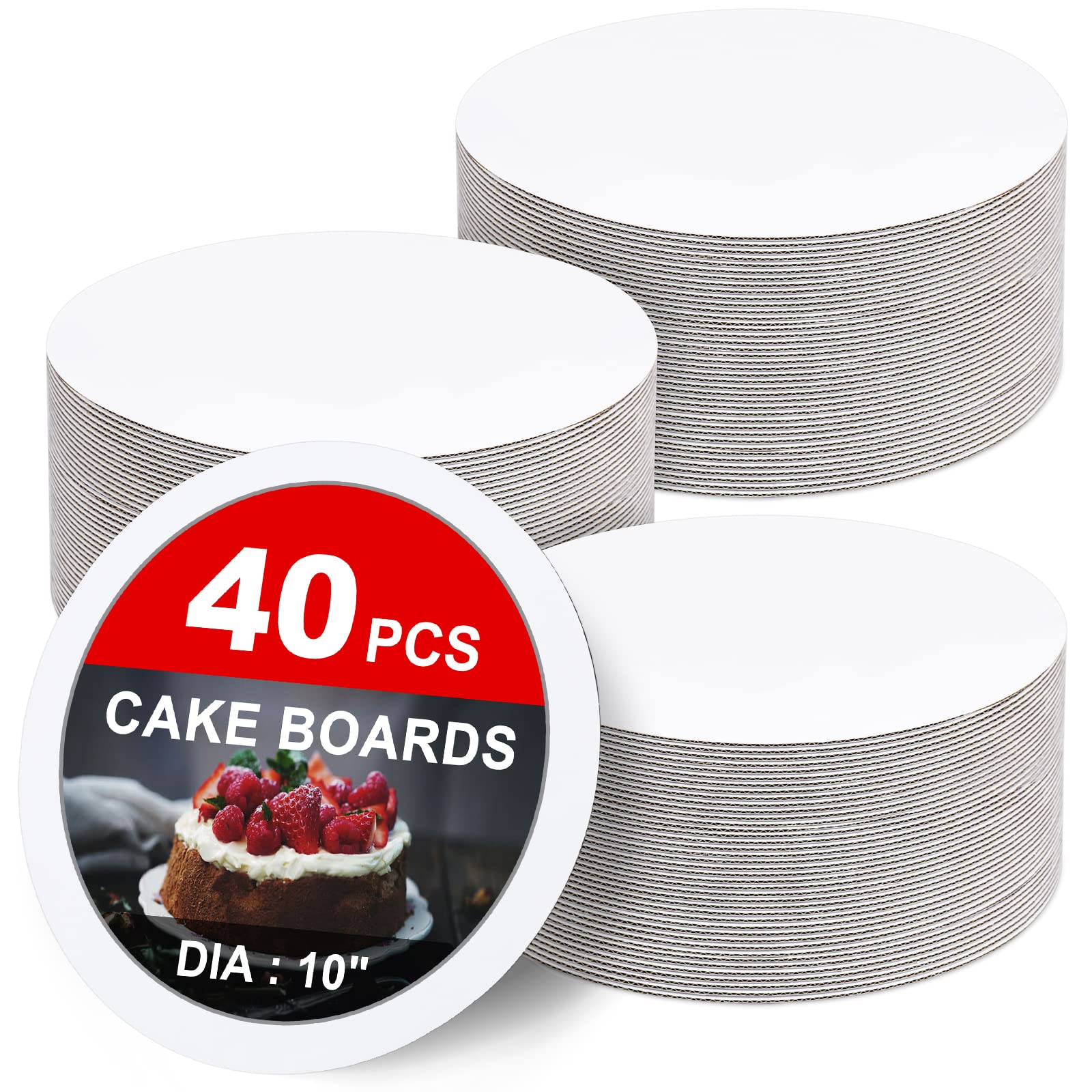 40-Pack 10 Inch Round White Cake Boards - Food-Grade Cardboard Cake Circles for Displaying Cakes, Bread, Desserts | Sturdy & Thin Cake Plates for Birthday Parties, Weddings, Bakery Displays