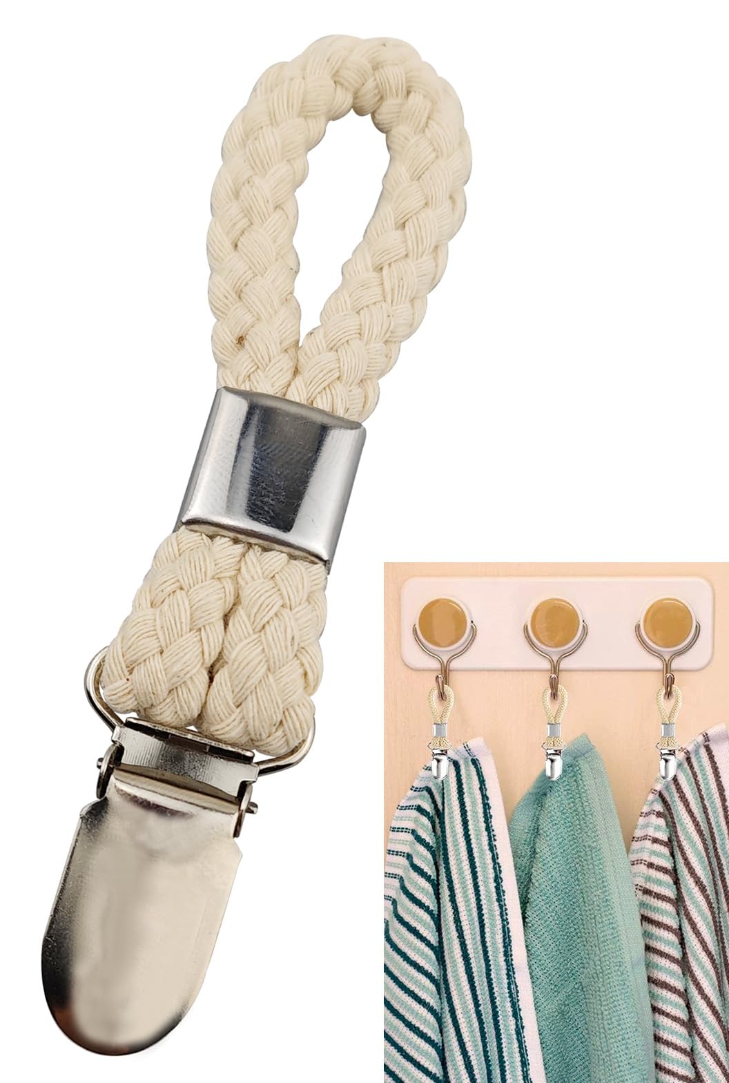 5PCS Braided Cotton Towel Clips - Beige Metal Hooks for Kitchen & Bathroom Storage