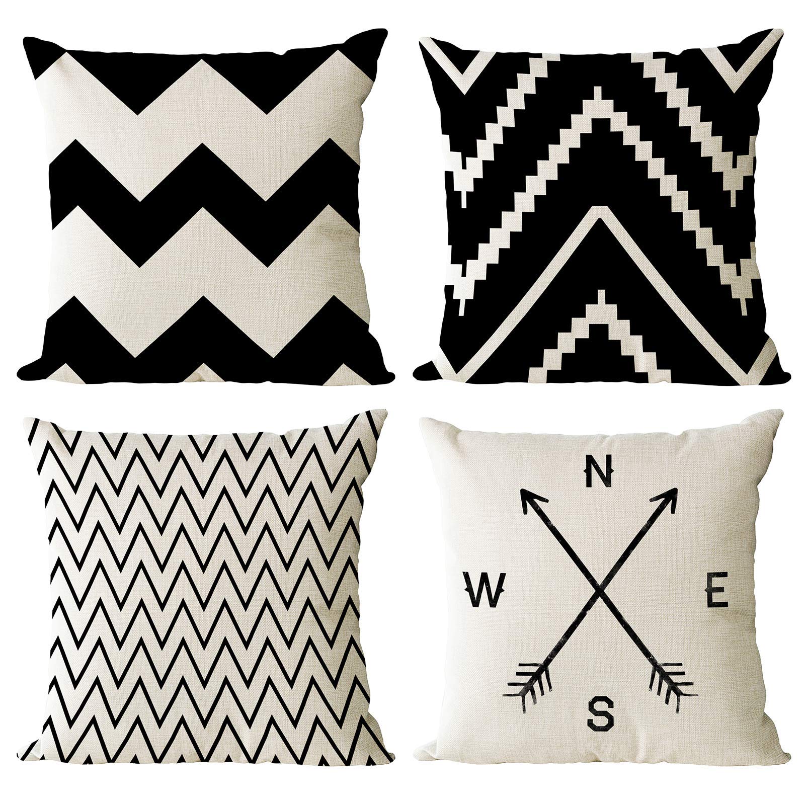 YeeJu 4-Pack Black and White Geometric Throw Pillow Covers - 20x20 Inch Cotton Linen Square Cushion Cases for Sofa, Couch, Bed & Outdoor Decor - Modern Home Accent Pillows for Living Room, Patio and Dorm