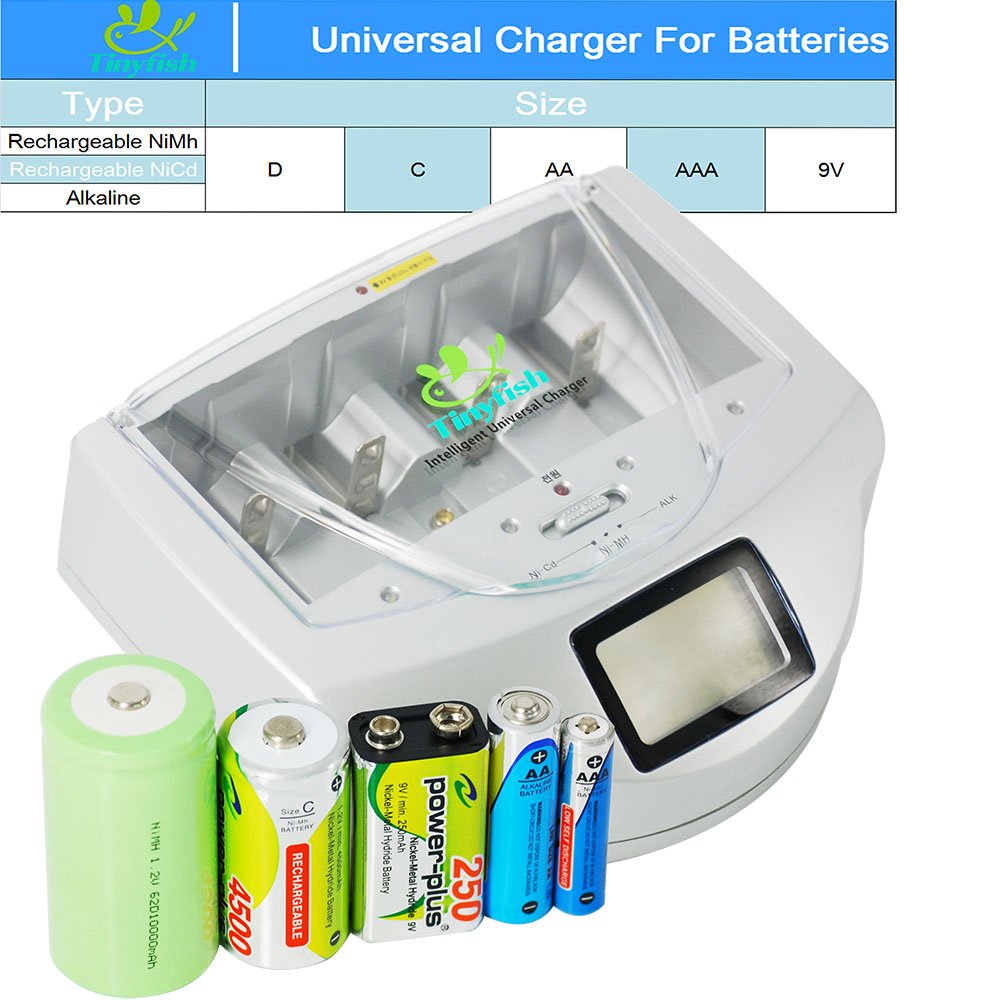 Universal Battery Charger for AA AAA C D 9V - NiMH NiCd Alkaline Rechargeable Batteries Fast Charger with Discharge Function - Perfect for Home, Office, Toys, Flashlights & Electronics (PPU9600, Batteries Not Included)