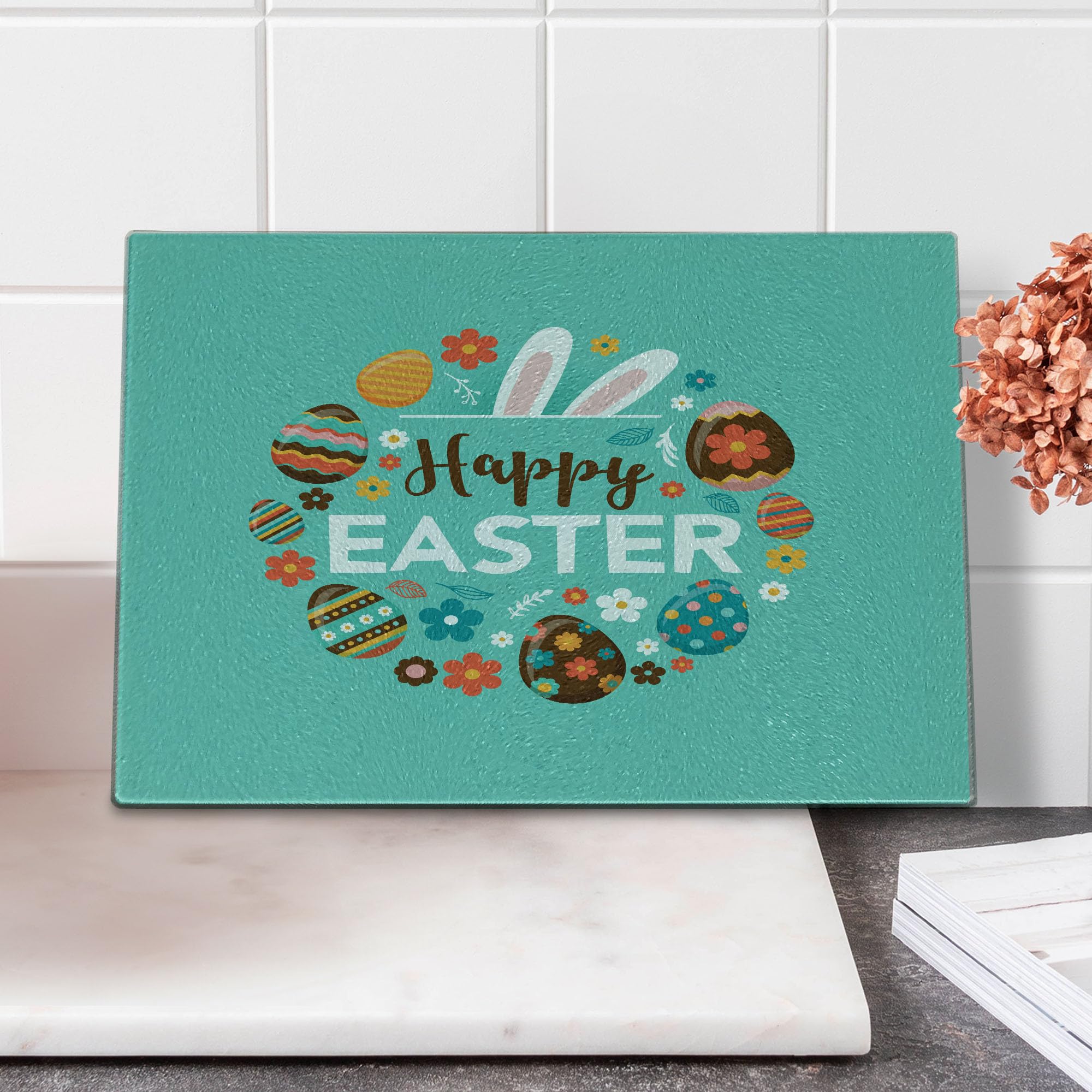 Ambesonne Easter Cutting Board - Spring Holiday Decor with Ornate Eggs, Flowers & Bunny Design - Durable Tempered Glass Serving Board for Kitchen & Dining - Perfect for Easter Brunch, Holiday Parties & Home Decor
