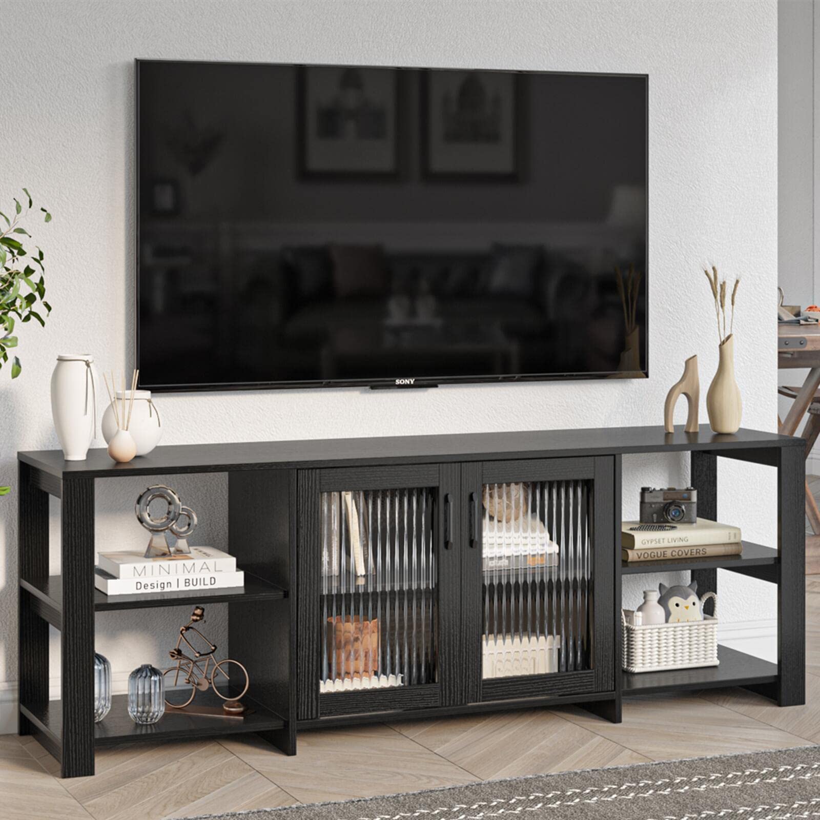 65-70 Inch TV Stand with 2 Doors & Open Shelves - Modern Entertainment Center & Media Console for Living Room & Bedroom - Black TV Storage Cabinet for Home Theater Setup & Gaming Systems