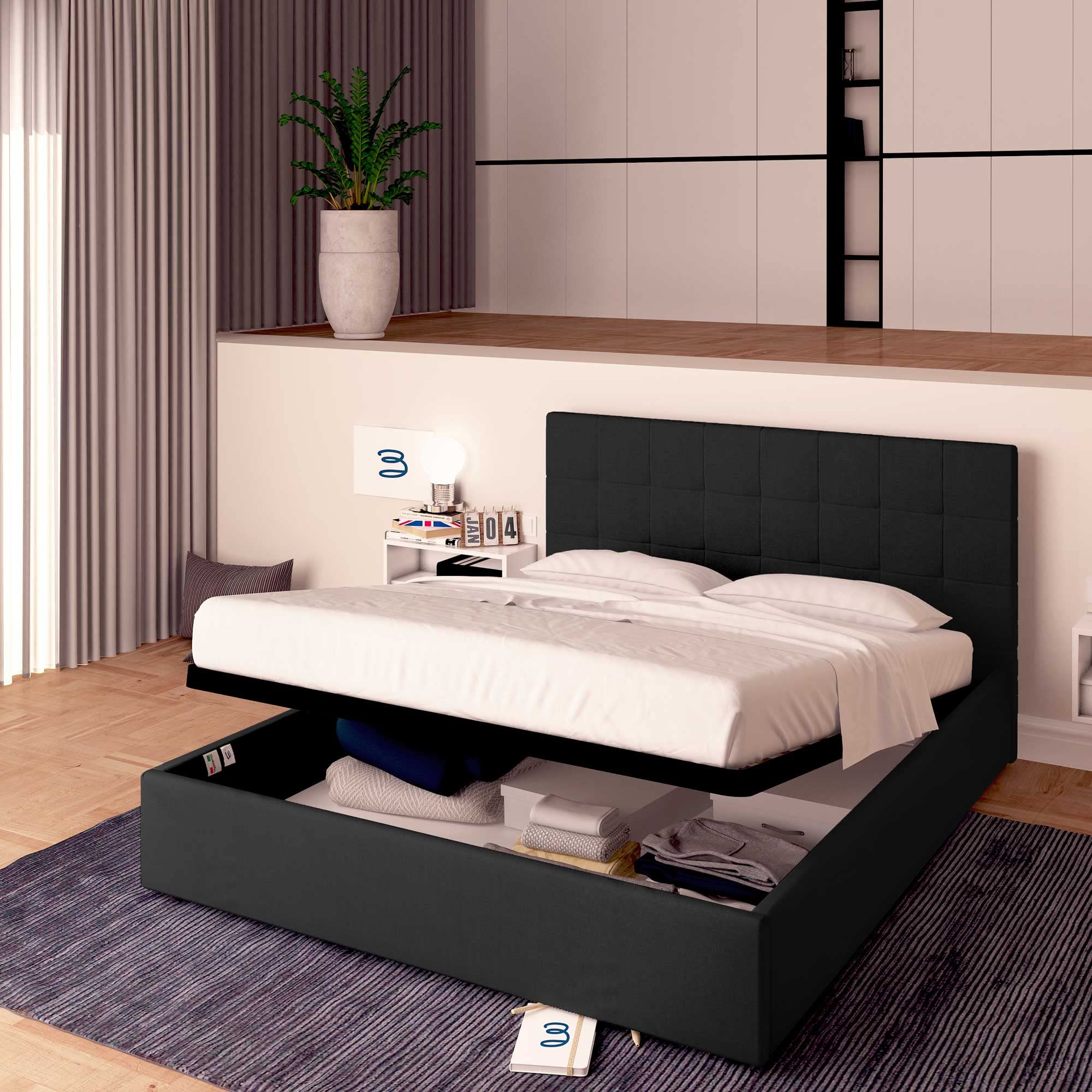 Baldiflex Single Bed with Storage, Dublin Fabric Model, Slatted Base for Single Mattress, 80 x 190 cm, Elegant Headboard, Black - Perfect for Small Bedrooms, Guest Rooms & Studio Apartments