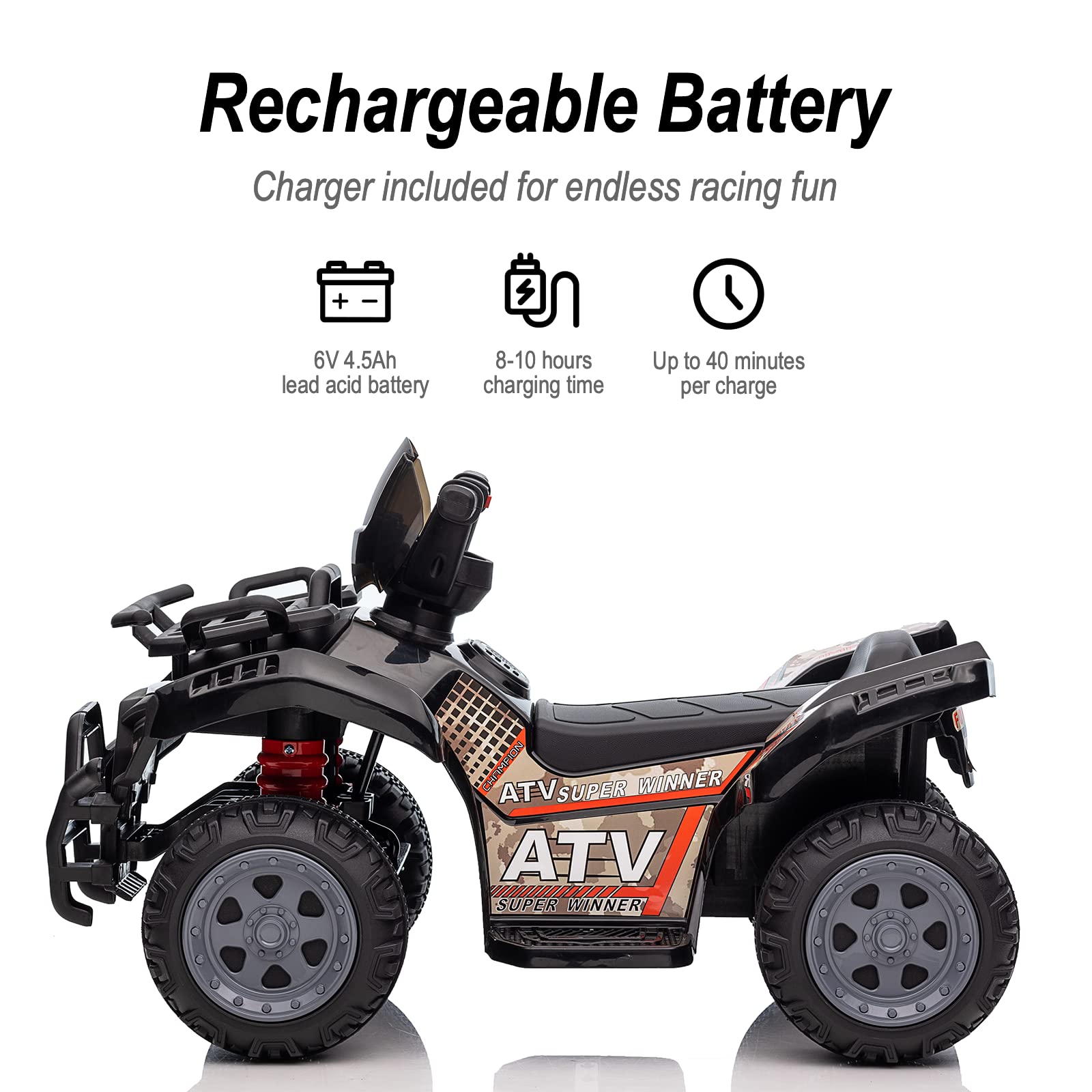 **6V Kids ATV 4 Wheeler Ride-On Toy for Toddlers 1-3 Years - Electric Quad with Music, Forward & Reverse - Black - Perfect for Indoor & Outdoor Play**