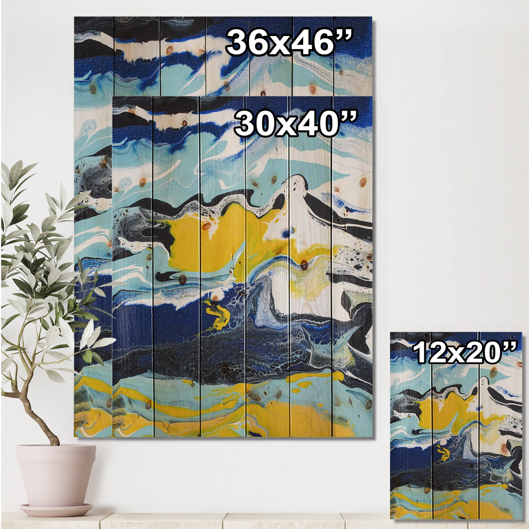Abstract Marble Wood Wall Art - Yellow & Blue Modern Decor for Living Room