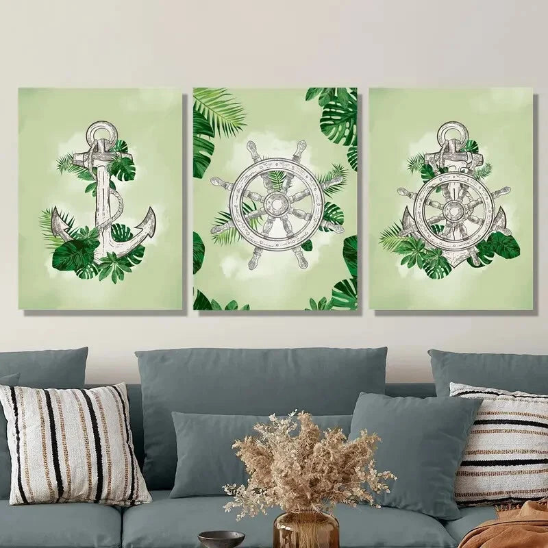 3-Piece Helm and Anchor on Plant Leaves Metal Wall Art - Ready to Hang Nautical Decor for Living Room, Bedroom, or Office