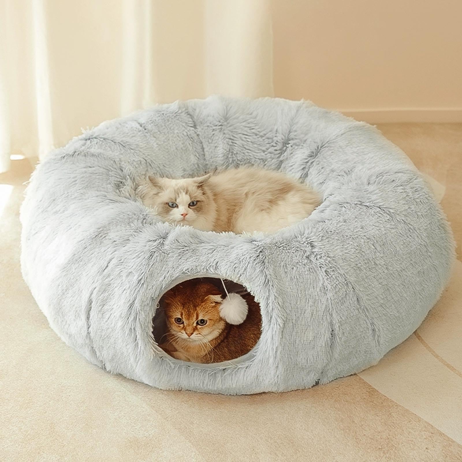 **Warm Plush Cat Tunnel Bed for Indoor Cats - S-Shape Play Tube with Central Mat, Hanging Ball & Peepholes, Calming Cave & Donut Tunnel (Grey) - Perfect for Playtime, Napping & Stress Relief**