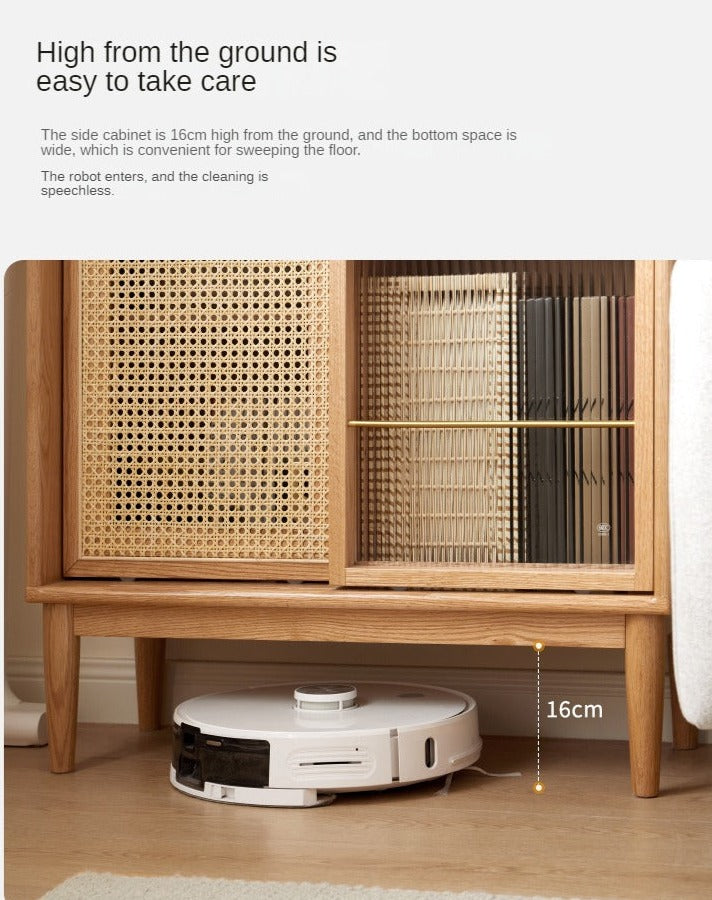 Solid Oak Wood Sliding Door Storage Cabinet with LED Lights - Modern Sideboard for Living Room, Bedroom & Entryway Organization