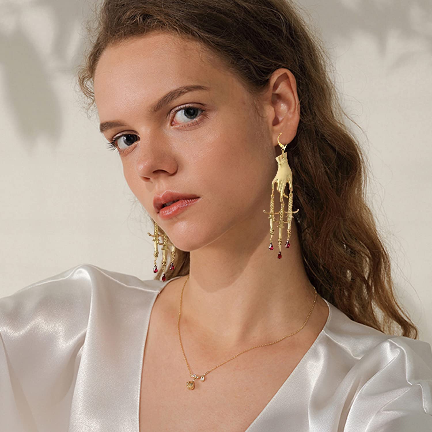14K Gold Hand Cross Dangle Drop Earrings for Women - Elegant Ethnic Knife Sword Charm Earrings - Unique Statement Jewelry Gift for Birthday, Christmas & Special Occasions