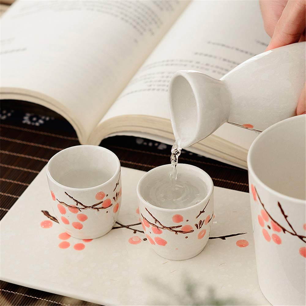 Premium Japanese Sake Set - 7 Piece Ceramic Sake Serving Kit with 1 Bottle, 4 Cups, Warmer Pot & Tray - Pink Blossom Design for Home Entertaining, Gift Giving & Traditional Tea Ceremonies
