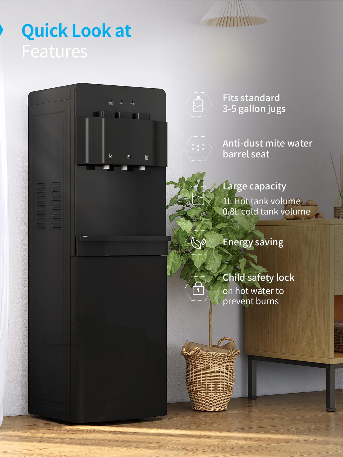 TABU Bottom Loading Water Cooler Dispenser with Hot, Cold & Room Temperature Settings - Child Safety Lock & Anti-Scalding Design for 3/5 Gallon Bottles (Black) - Perfect for Home, Office & School Hydration Needs