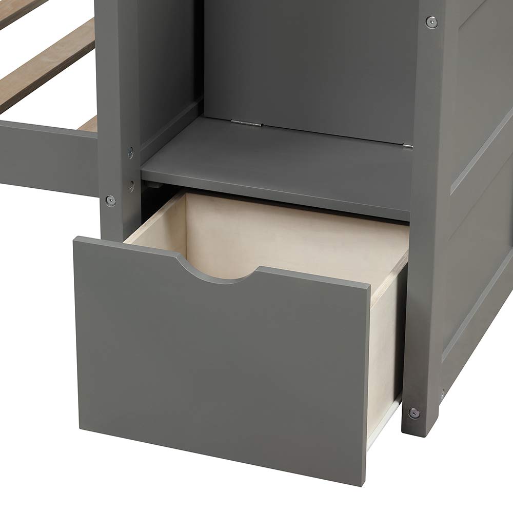 Twin Over Full Bunk Bed with Trundle - Solid Wood Bunk Bed Frame with Safety Guard Rails, Storage Shelves & Drawers, Convertible Bottom Bed (Gray) - Perfect for Kids' Bedrooms, Guest Rooms & Small Spaces