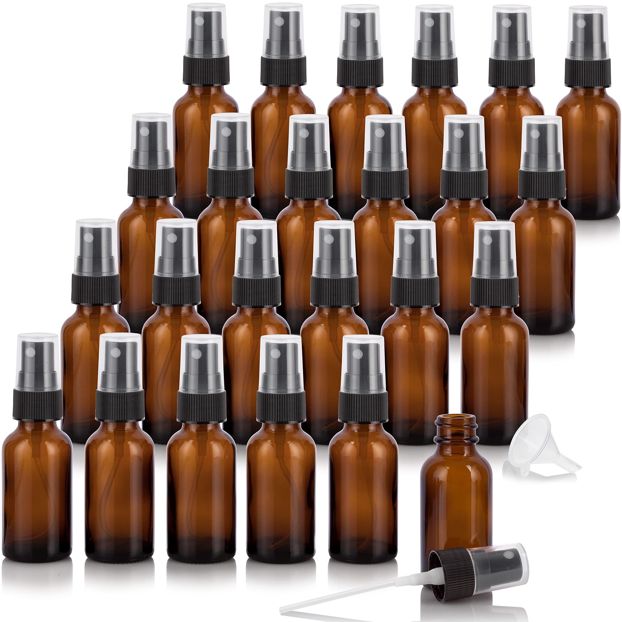 JUVITUS 1 oz Amber Glass Boston Round Bottle with Black Fine Mist Sprayer (24 Pack) - Essential Oil, Perfume & DIY Spray Bottles for Home, Travel & Beauty Use
