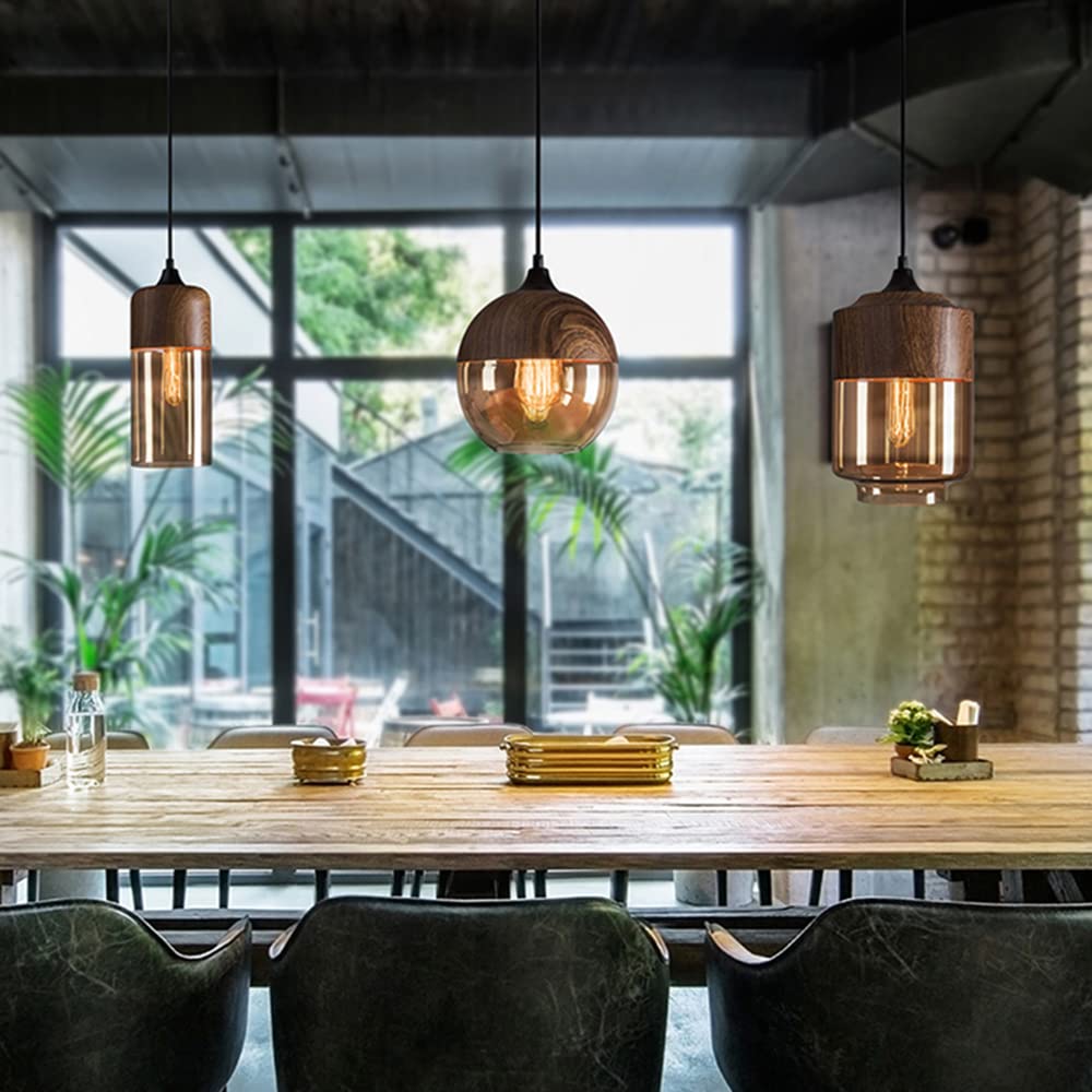 LITFAD Modern 1-Light Nordic Pendant Lamp - Walnut Wood Finish & Geometric Glass Shade - 110V-120V Hanging Ceiling Light for Cafe, Kitchen Island, Dining Room & Living Room Decor