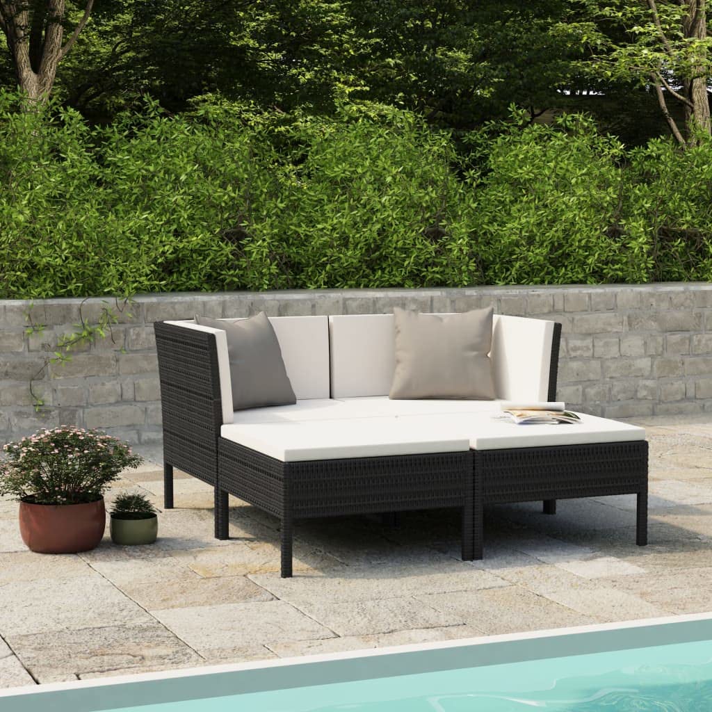 vidaXL 4-Piece Patio Lounge Set with Cushions - Black Poly Rattan Outdoor Furniture for Garden, Balcony, Backyard & Terrace - Perfect for Relaxing, Entertaining & Outdoor Dining
