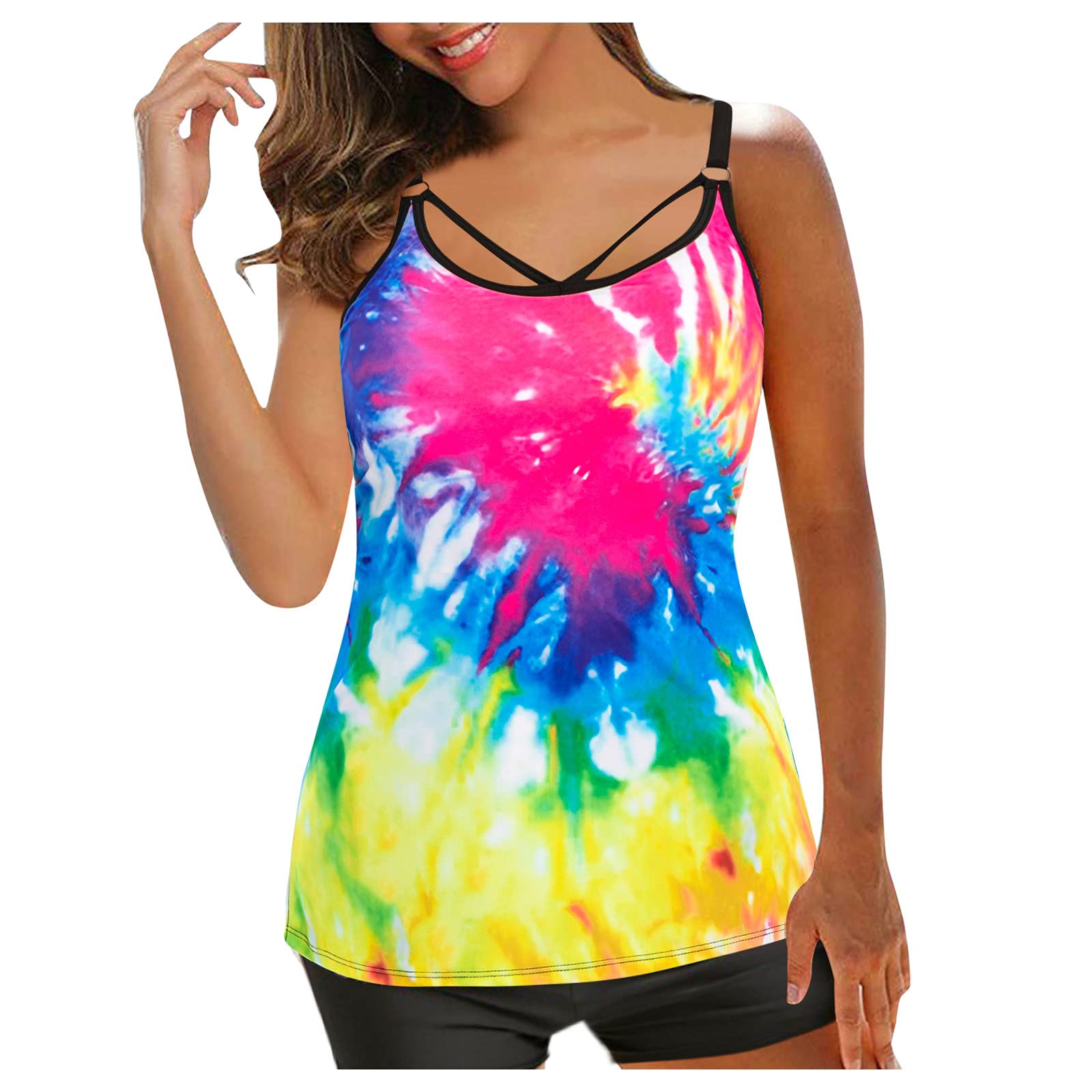 Women's Tummy Control Swim Shorts Set - High Waisted Beach Tankini with Boys Galaxy Print for Resort & Pool | Summer Swimwear for Women
