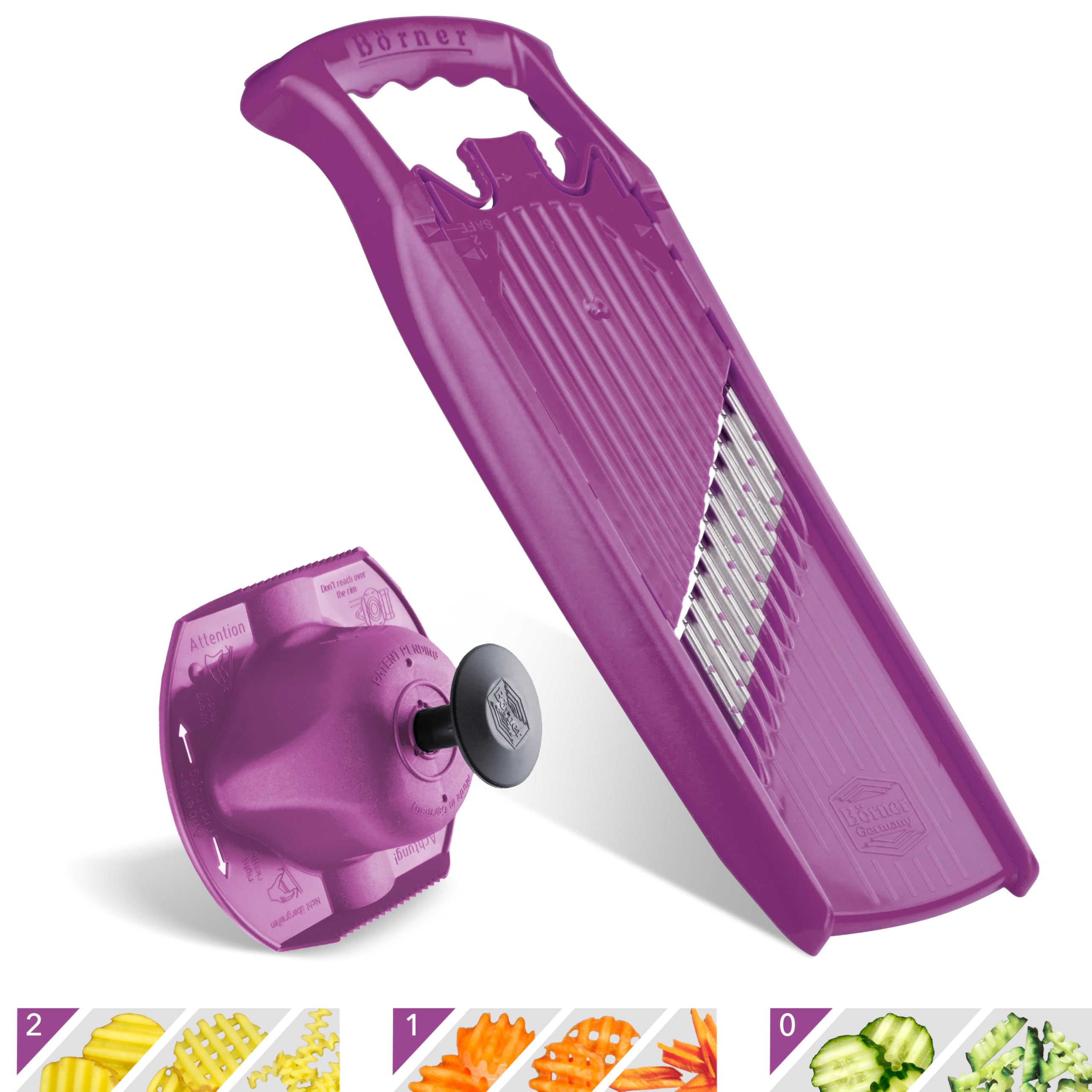 Börner Wave-Waffle PowerLine Crinkle Cutter with Safety Guard - 2-Piece Vegetable Slicer Set for Perfect Wave & Waffle Cuts - Ideal for Lattice Potatoes, Fries & Creative Food Presentation - Purple Kitchen Tool for Home Chefs & Meal Prep
